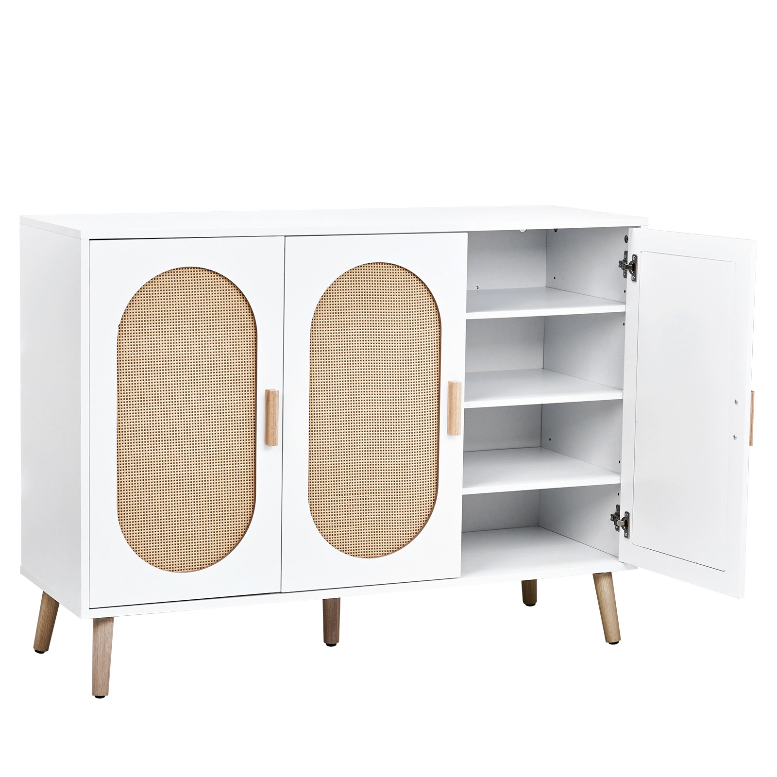 3 Door Standing Cabinet with Oval Rattan Top, 113x40x83.5cm, White Frame, Natural Wood Rattan, Gold Legs, Particleboard & Plastic Rattan Storage Organizer view 9