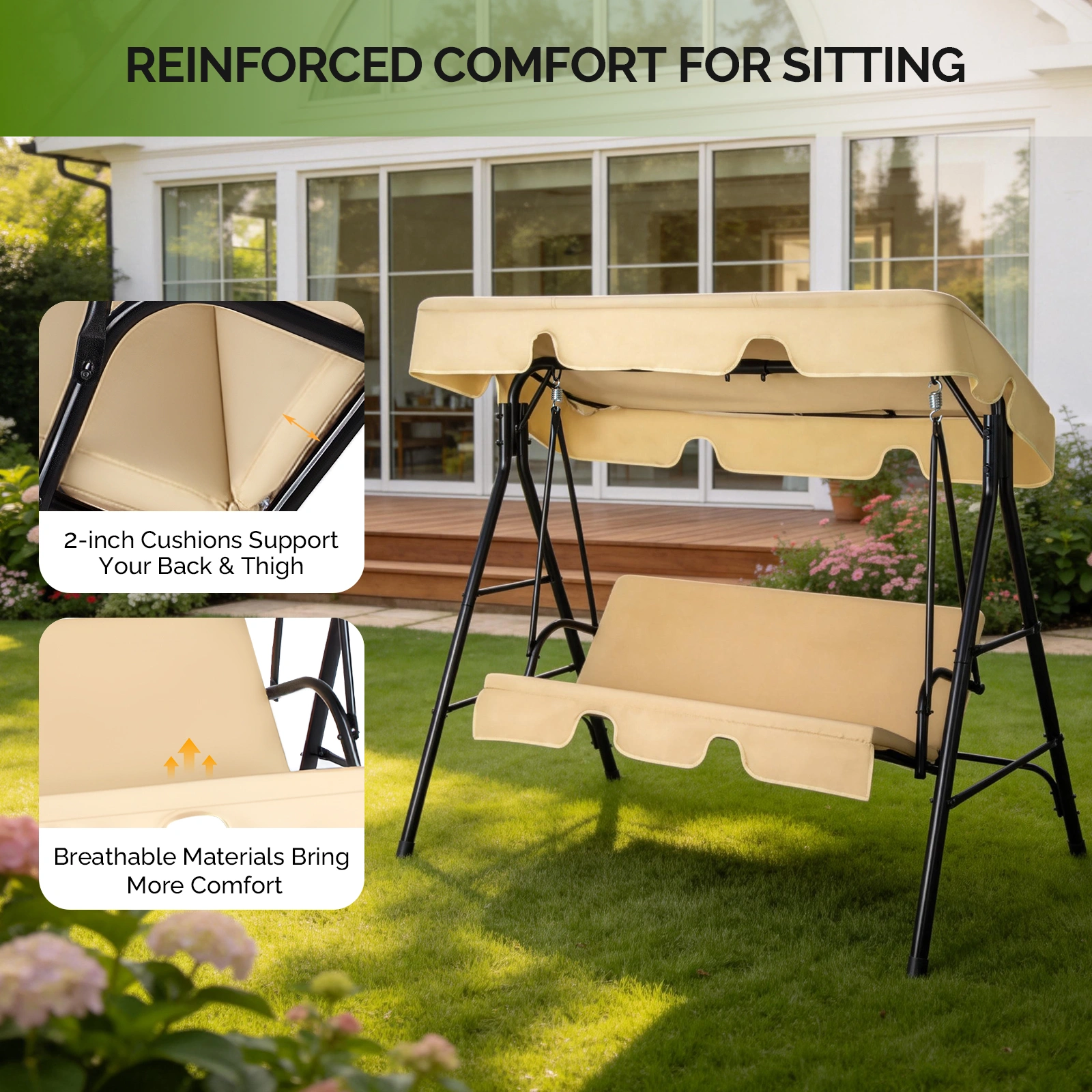 68*43*60 inch Khaki KD Model with Cushion Canopy Iron Oxford Fabric 250kg Iron Swing Set view 8