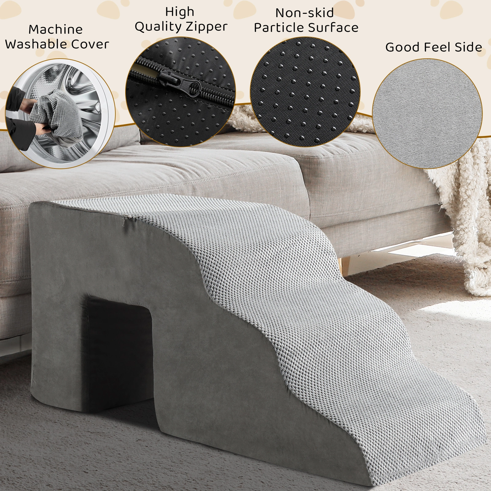 Grey 5-Step Pet Stairs for Dogs & Cats, Soft Portable Pet Steps with Non-Slip Surface view 11