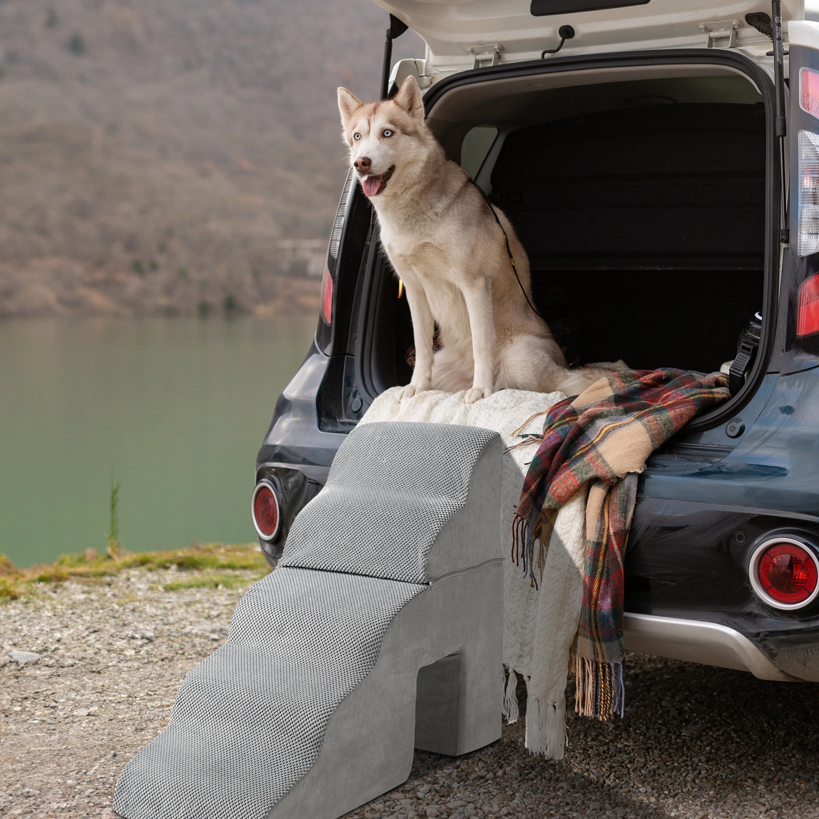 Grey 5-Step Pet Stairs for Dogs & Cats, Soft Portable Pet Steps with Non-Slip Surface view 3