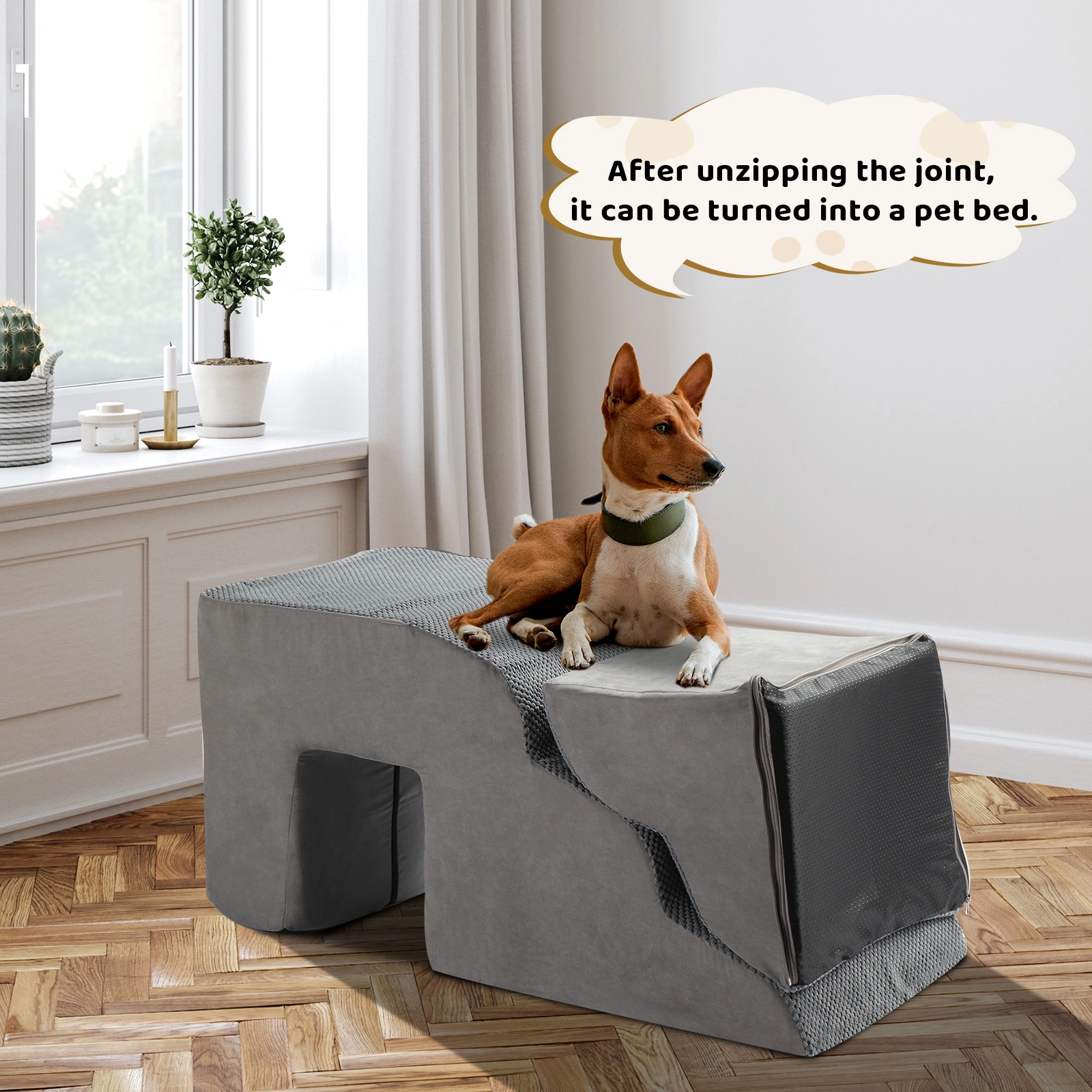 Grey 5-Step Pet Stairs for Dogs & Cats, Soft Portable Pet Steps with Non-Slip Surface view 4