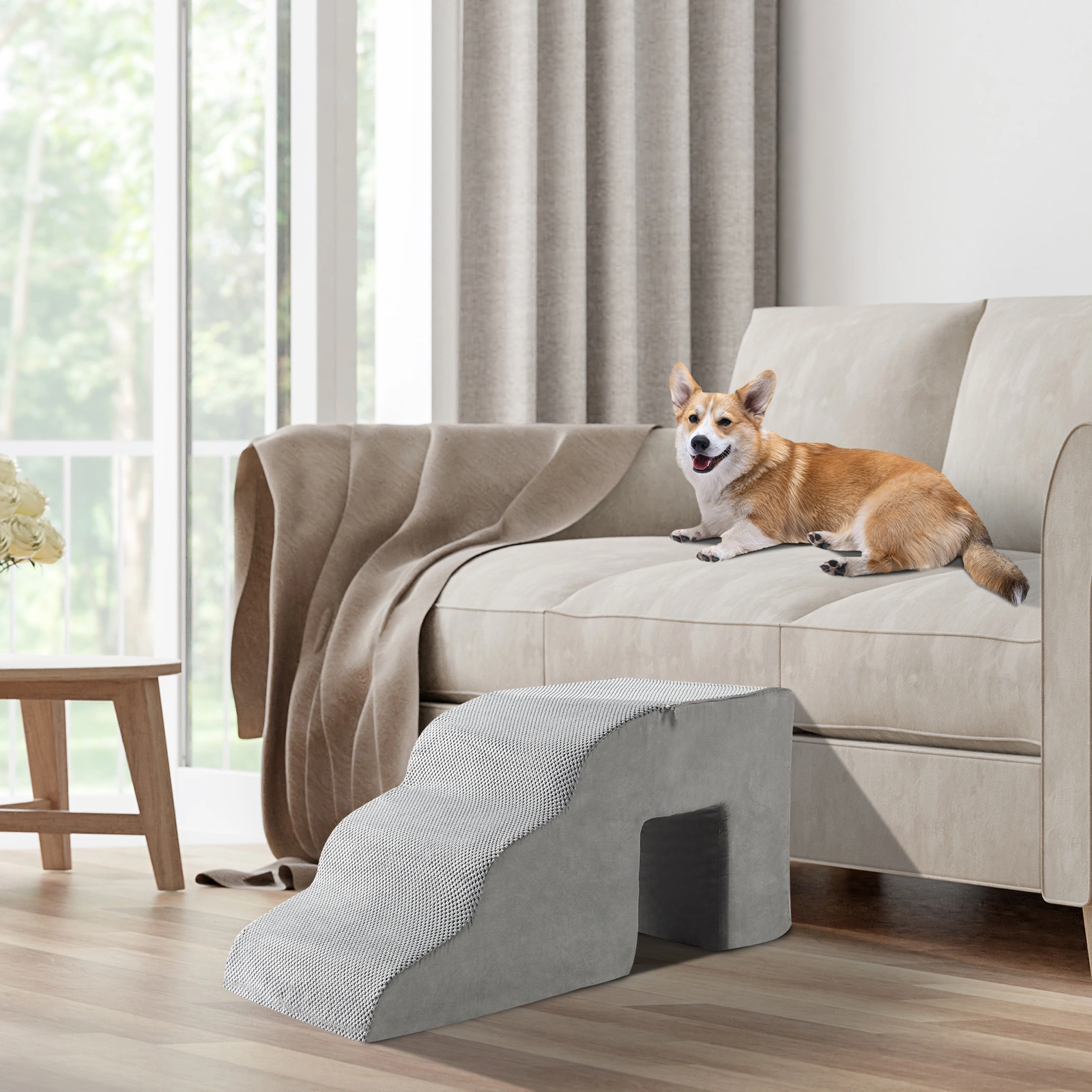 Grey 5-Step Pet Stairs for Dogs & Cats, Soft Portable Pet Steps with Non-Slip Surface view 5