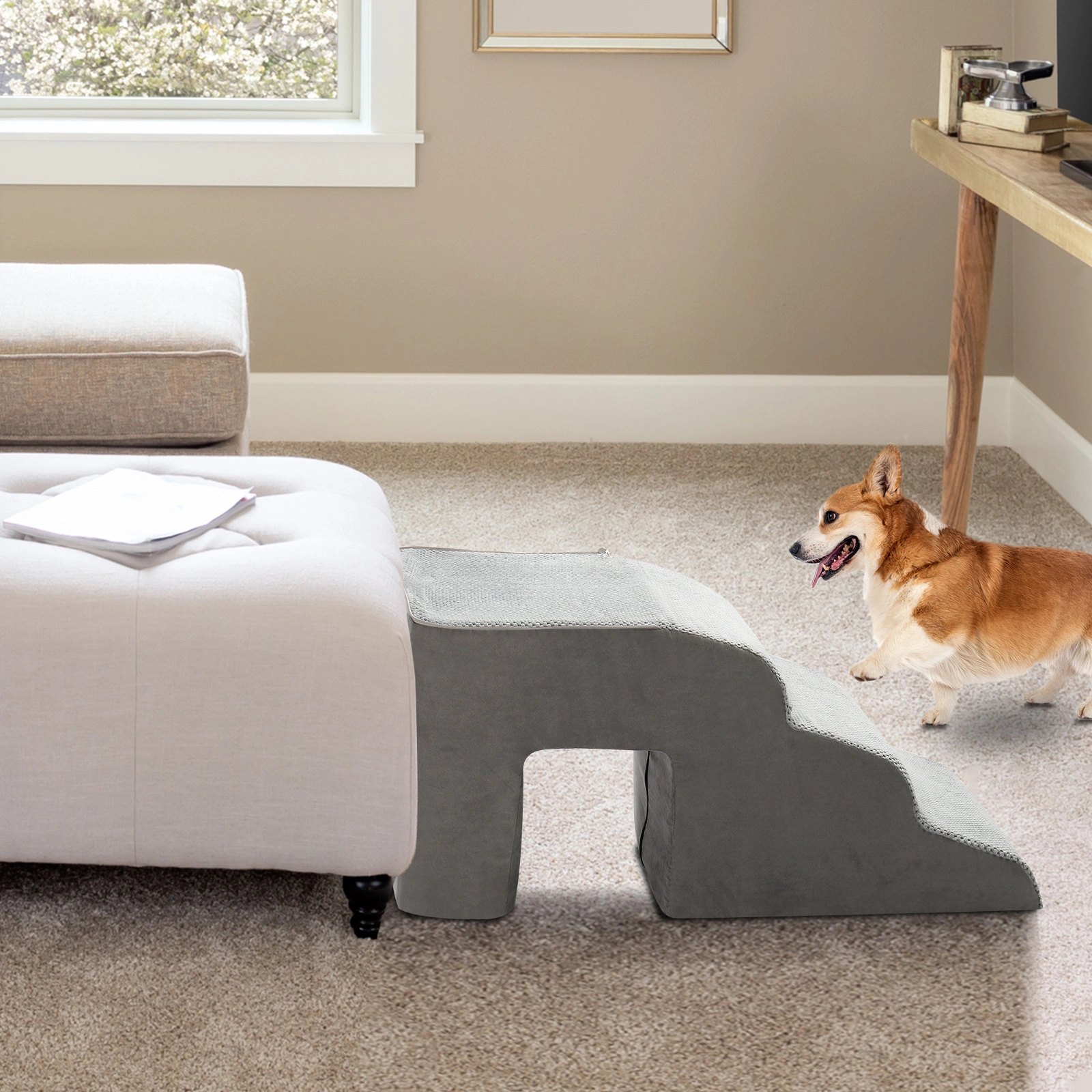 Grey 5-Step Pet Stairs for Dogs & Cats, Soft Portable Pet Steps with Non-Slip Surface view 7
