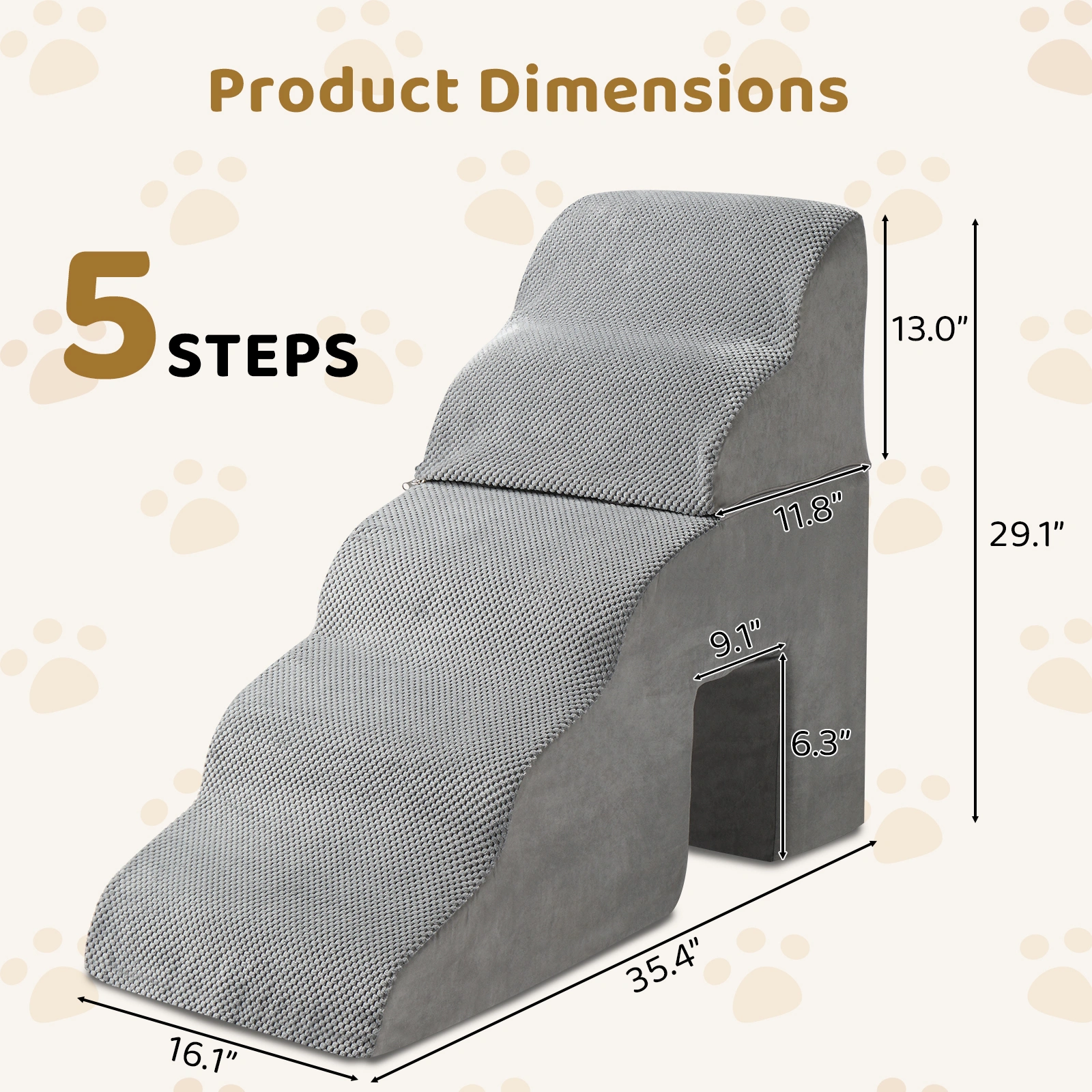 Grey 5-Step Pet Stairs for Dogs & Cats, Soft Portable Pet Steps with Non-Slip Surface view 8