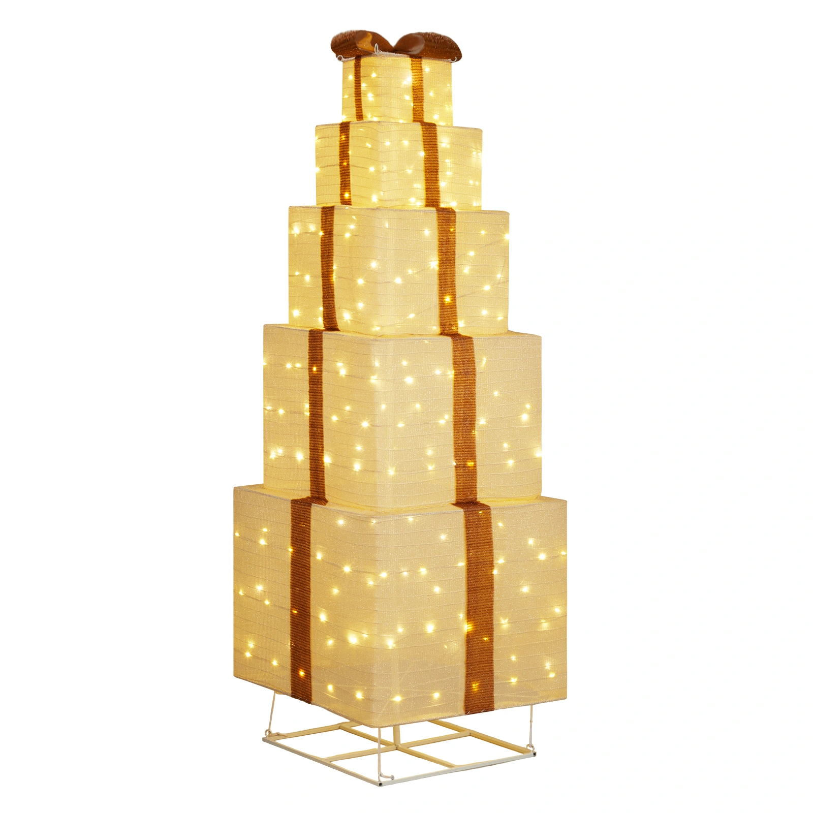 6FT Lighted Gift Box Tower, 200 LED Warm White Pull Up Present Boxes, Christmas Outdoor Indoor Decor with Ropes Stakes, Beige