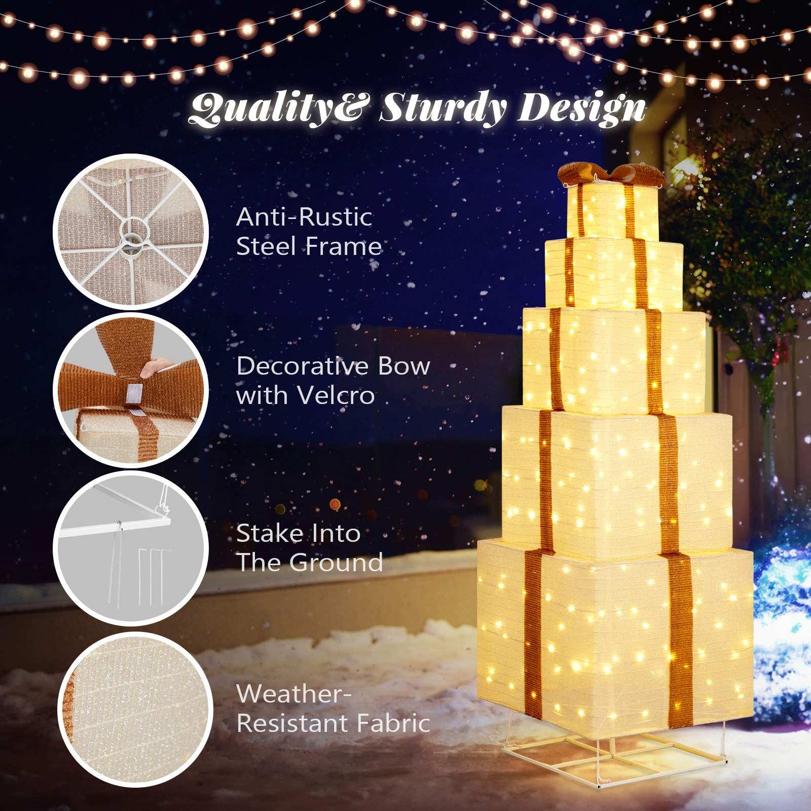 6FT Lighted Gift Box Tower, 200 LED Warm White Pull Up Present Boxes, Christmas Outdoor Indoor Decor with Ropes Stakes, Beige view 2