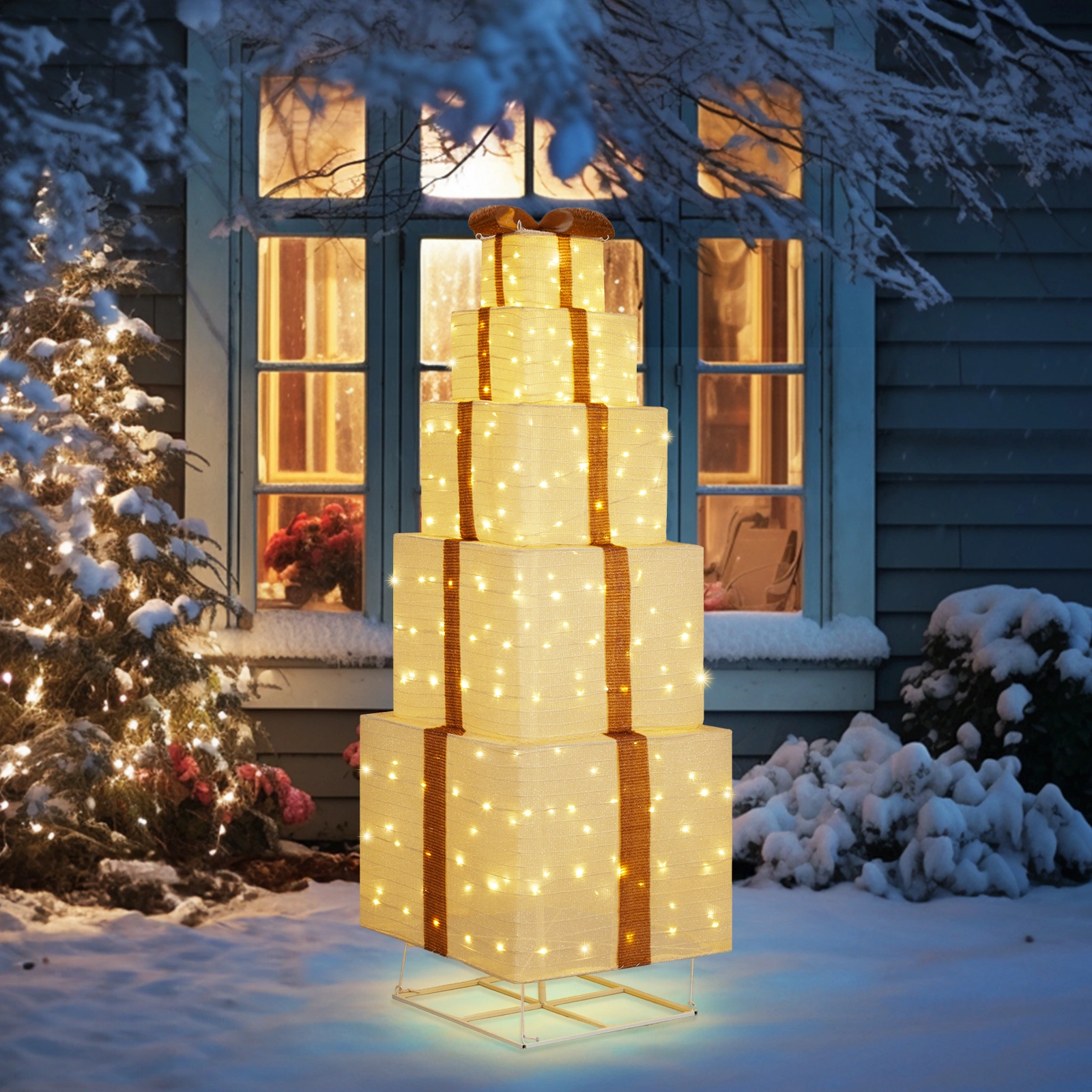 6FT Lighted Gift Box Tower, 200 LED Warm White Pull Up Present Boxes, Christmas Outdoor Indoor Decor with Ropes Stakes, Beige view 3
