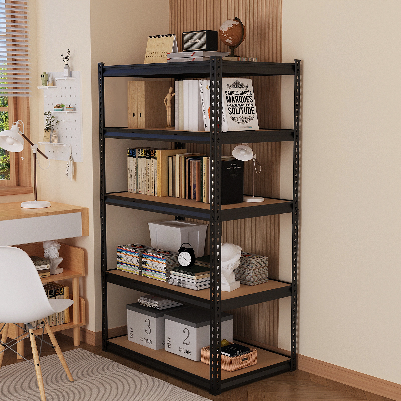 Adjustable Display Stand Black Iron Frame Gourd-Shaped Holes 122x45x184cm Natural Wood MDF Shelves with Rubber Hammer & Gloves view 11