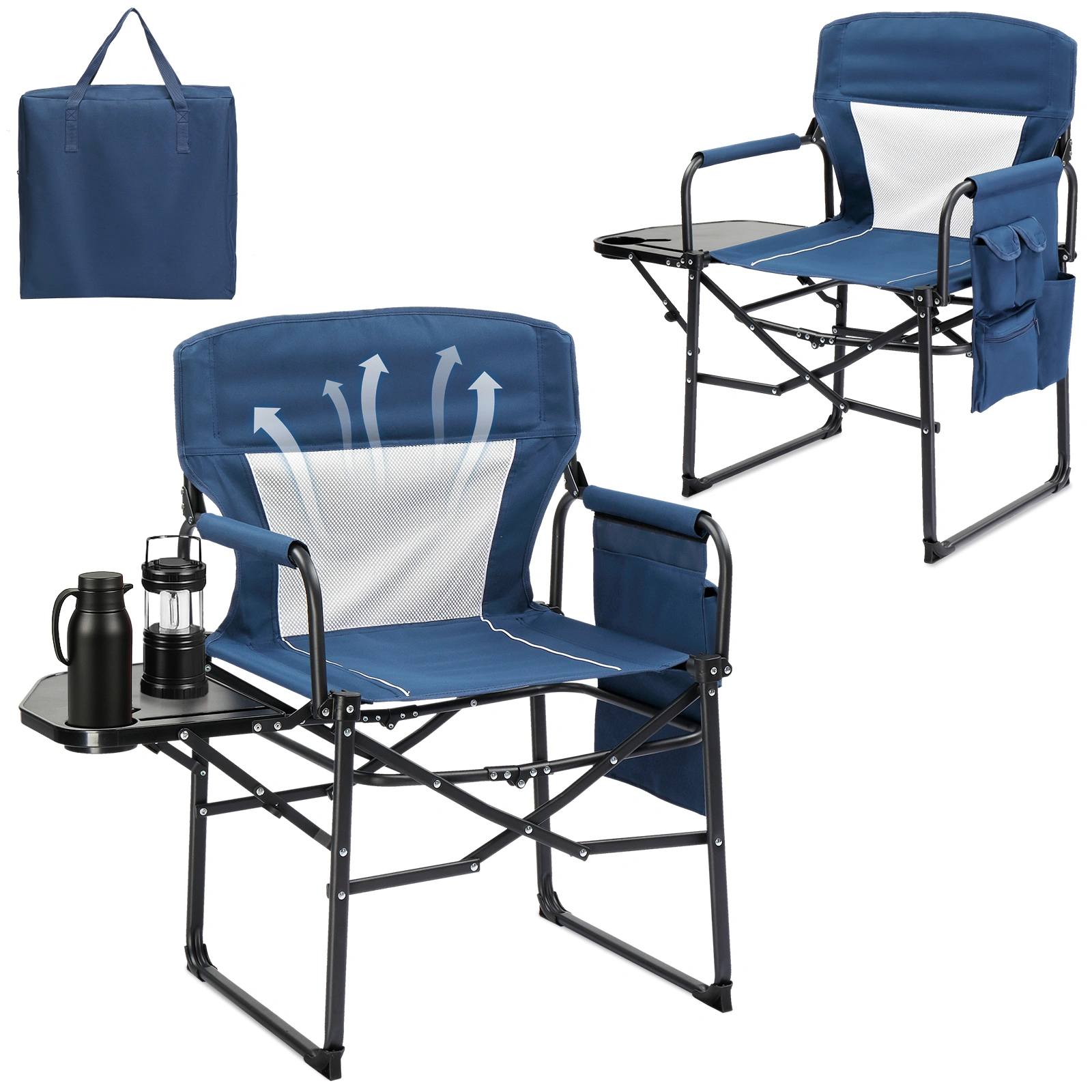 Folding Camping Directors Chair, Portable Outdoor Chair w/ Cup Holder Side Table Storage Pocket, Beach Tailgating Fishing Picnic Concert, Blue