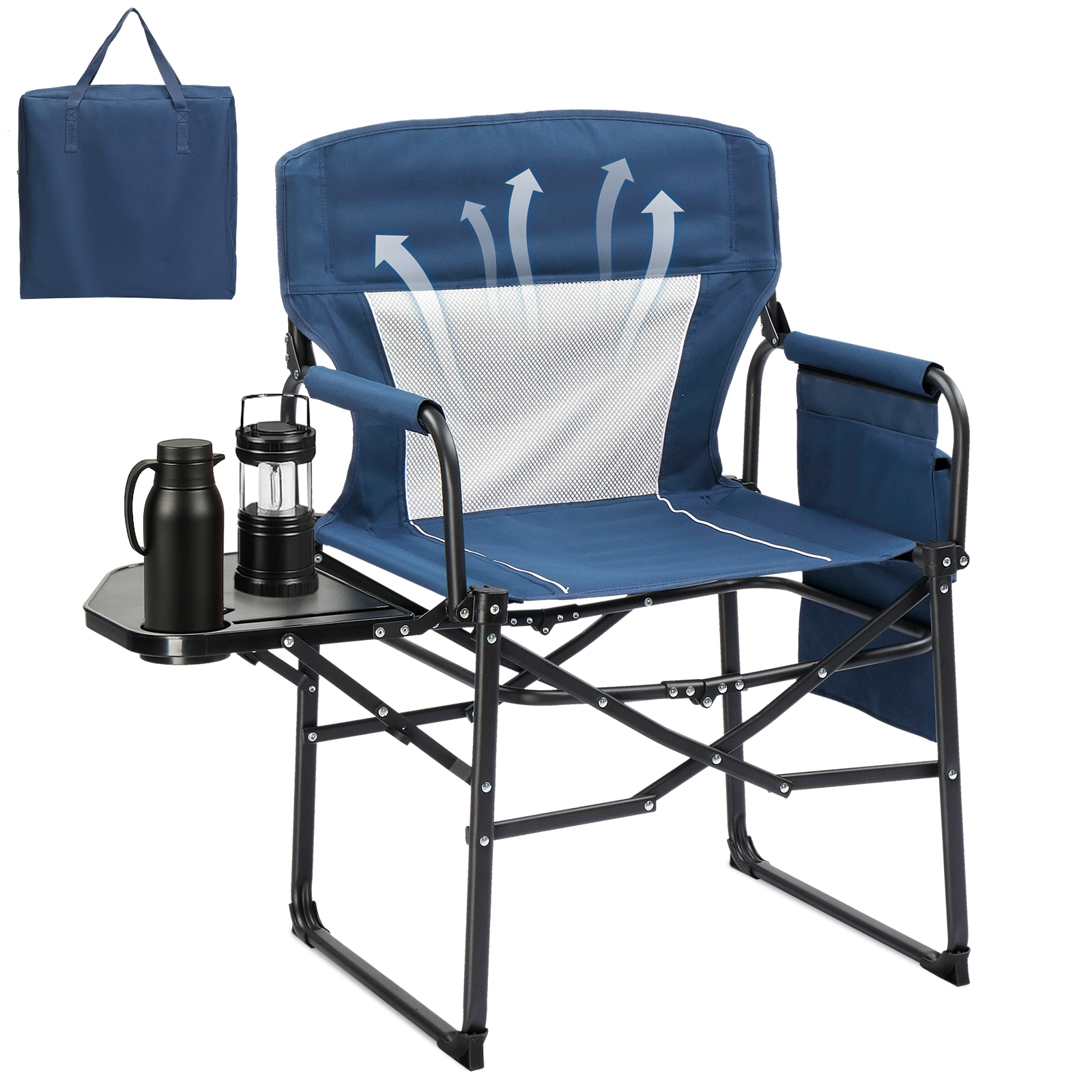 Folding Camping Directors Chair, Portable Outdoor Chair w/ Cup Holder Side Table Storage Pocket, Beach Tailgating Fishing Picnic Concert, Blue view 2