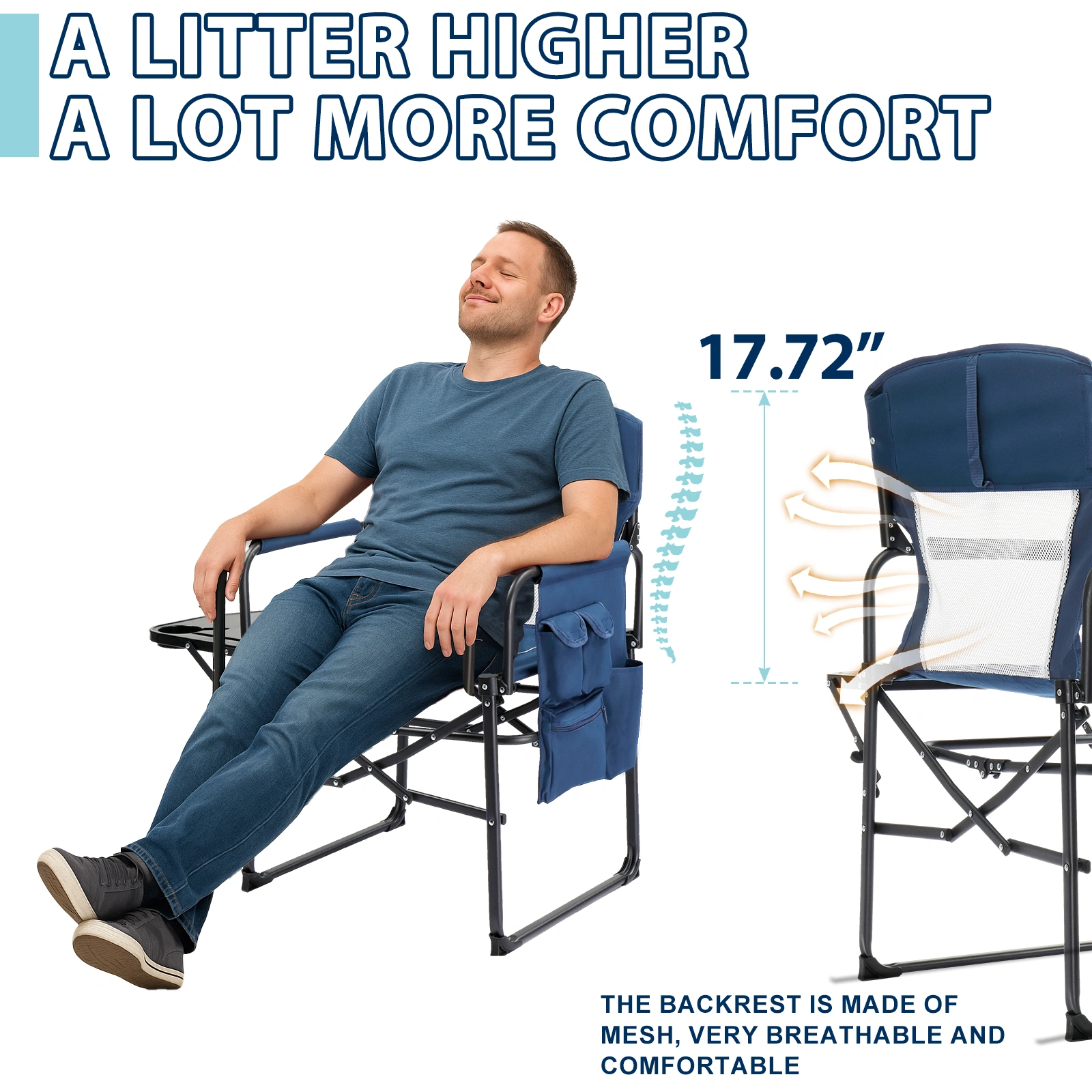 Folding Camping Directors Chair, Portable Outdoor Chair w/ Cup Holder Side Table Storage Pocket, Beach Tailgating Fishing Picnic Concert, Blue view 5