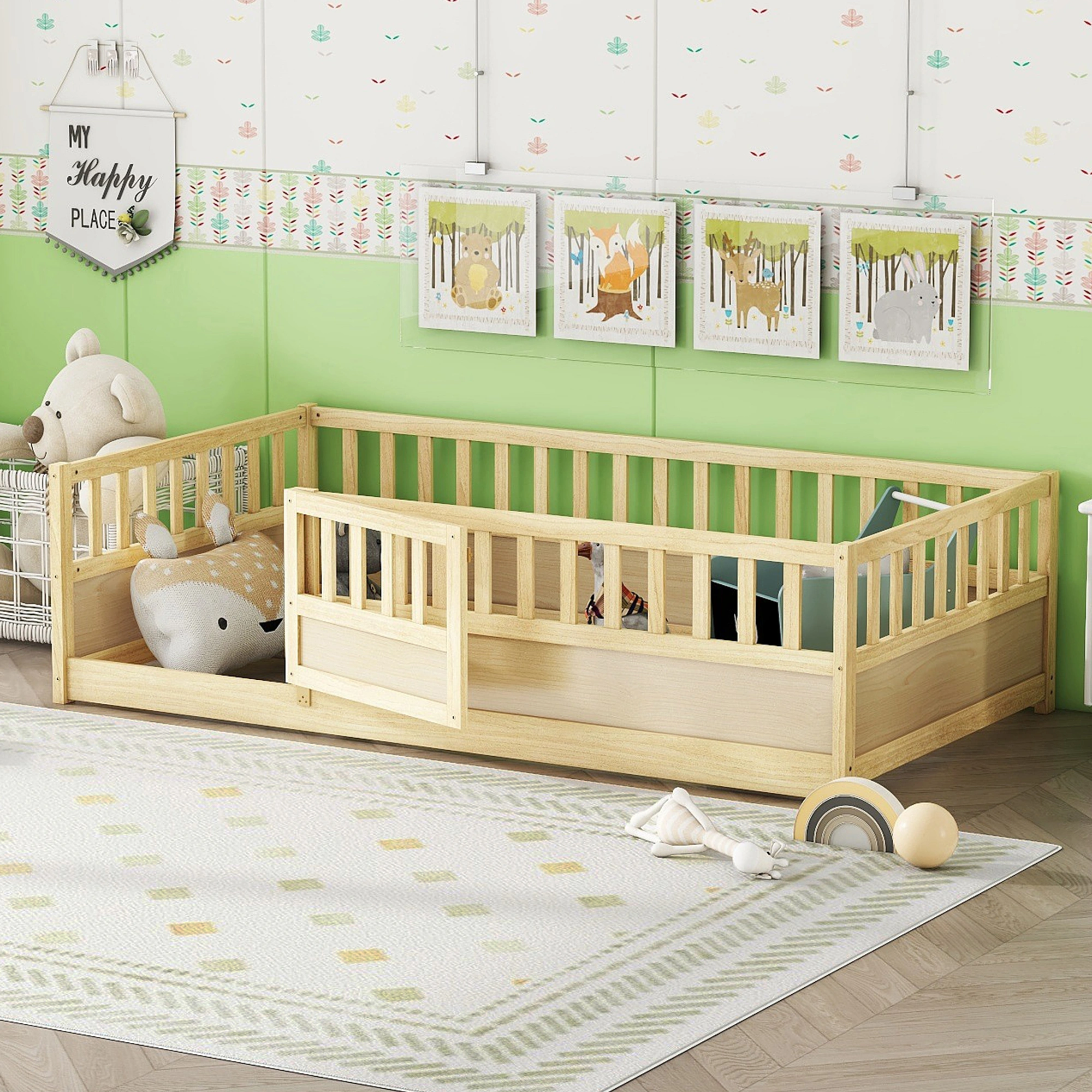 Twin Size Montessori Floor Bed with Security Barrier & Door, Natural Wood Children's Floor Bed Frame, Integral Construction