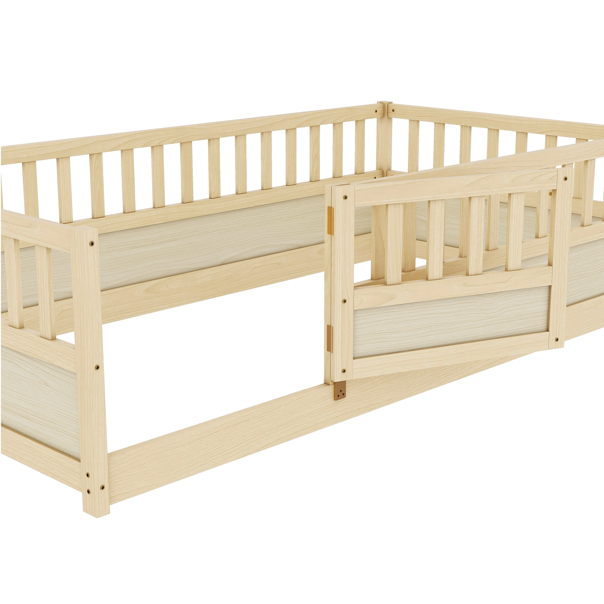 Twin Size Montessori Floor Bed with Security Barrier & Door, Natural Wood Children's Floor Bed Frame, Integral Construction view 3
