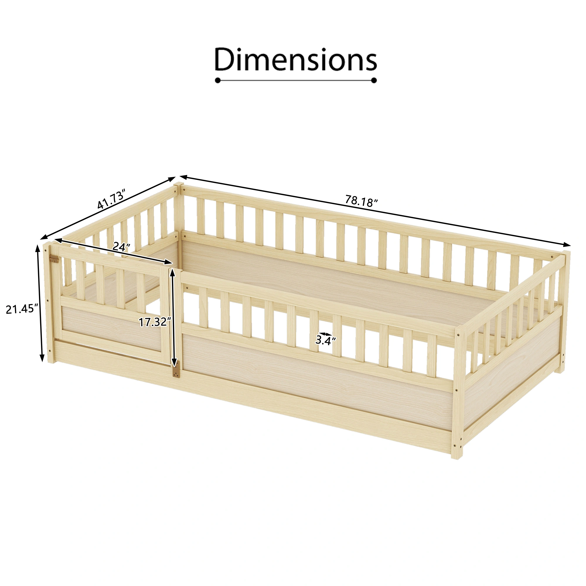 Twin Size Montessori Floor Bed with Security Barrier & Door, Natural Wood Children's Floor Bed Frame, Integral Construction view 4