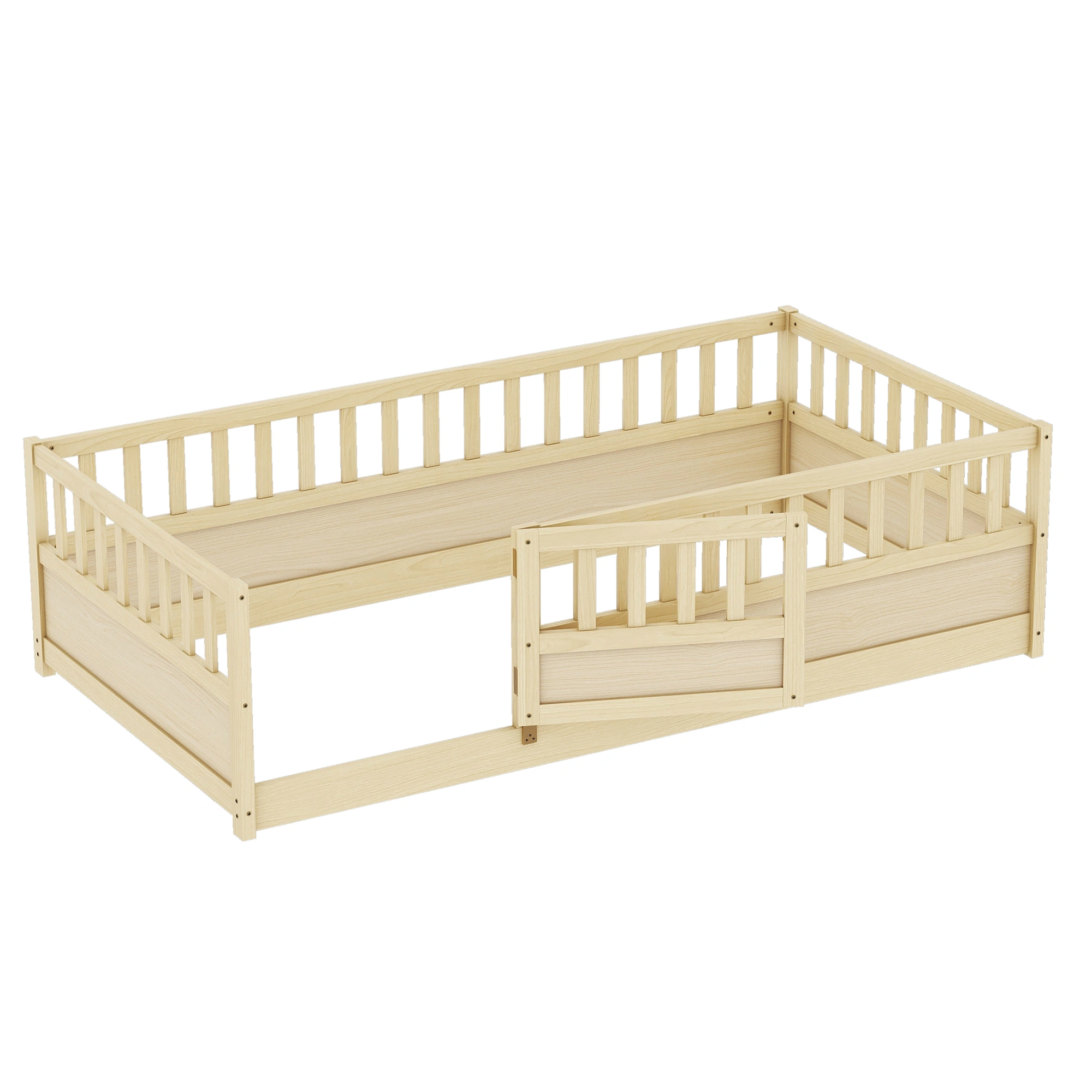 Twin Size Montessori Floor Bed with Security Barrier & Door, Natural Wood Children's Floor Bed Frame, Integral Construction view 9