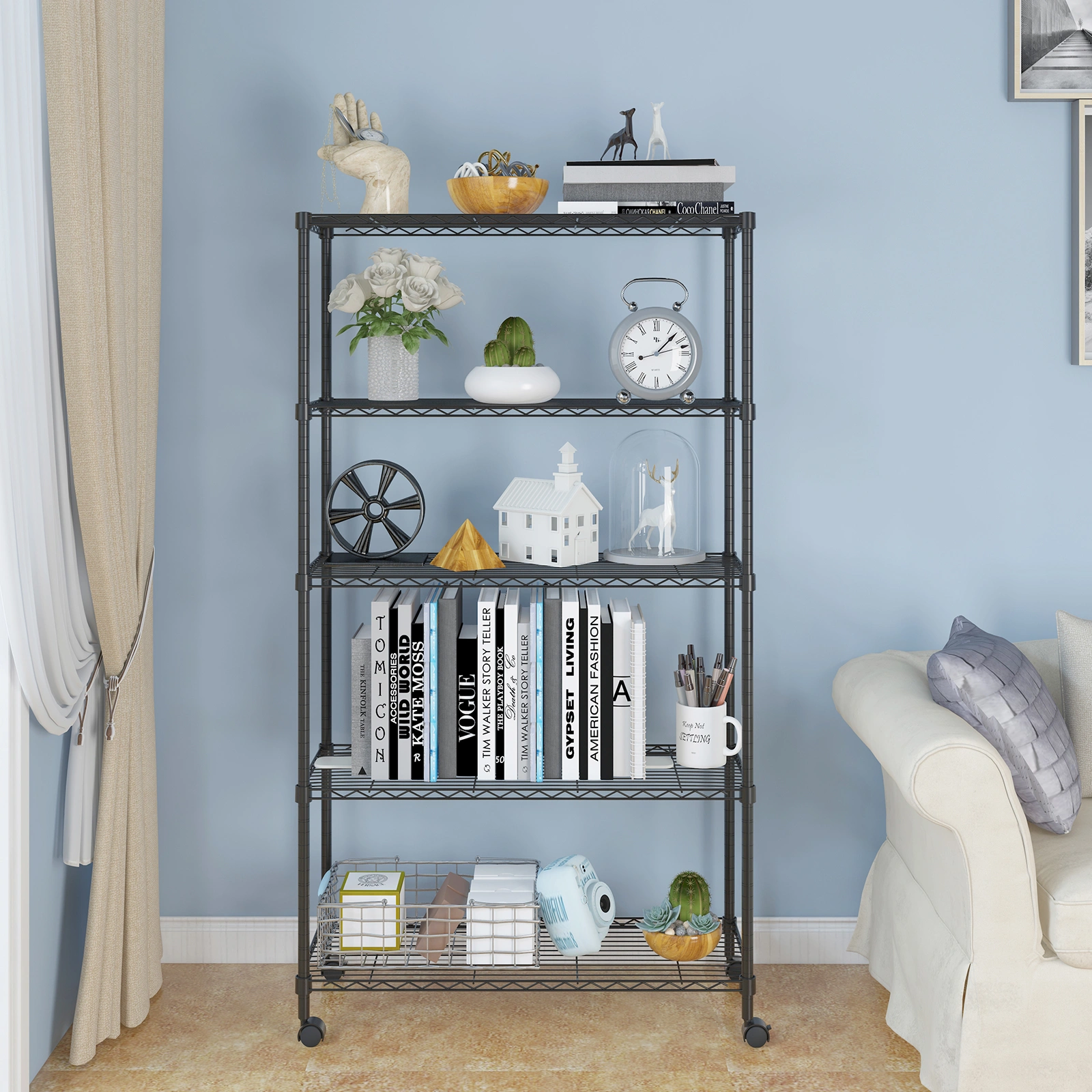 5-Layer Plastic Coated Iron Shelf with 1.5" Nylon Wheels 165*90*35 Black view 20