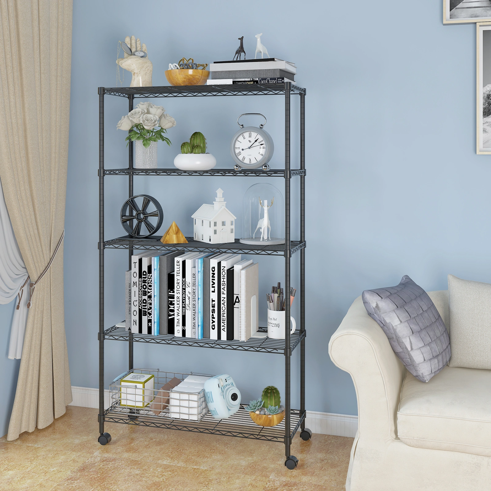 5-Layer Plastic Coated Iron Shelf with 1.5" Nylon Wheels 165*90*35 Black view 4
