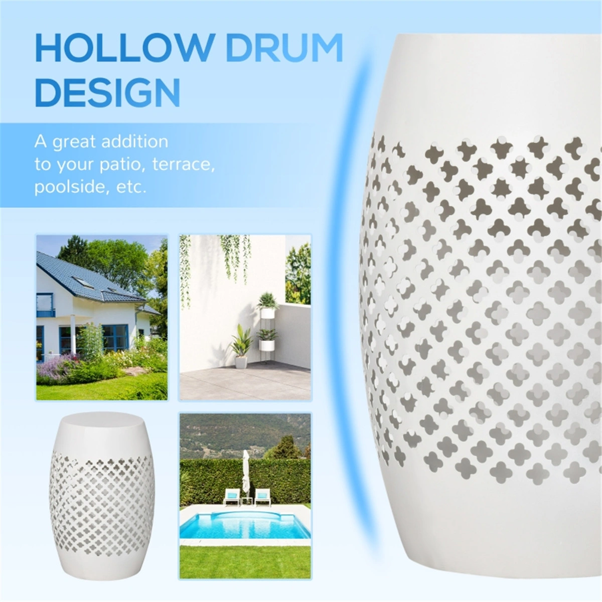 White 12 Inch Round Hollow Drum Patio Table - for Balcony Decor view 6