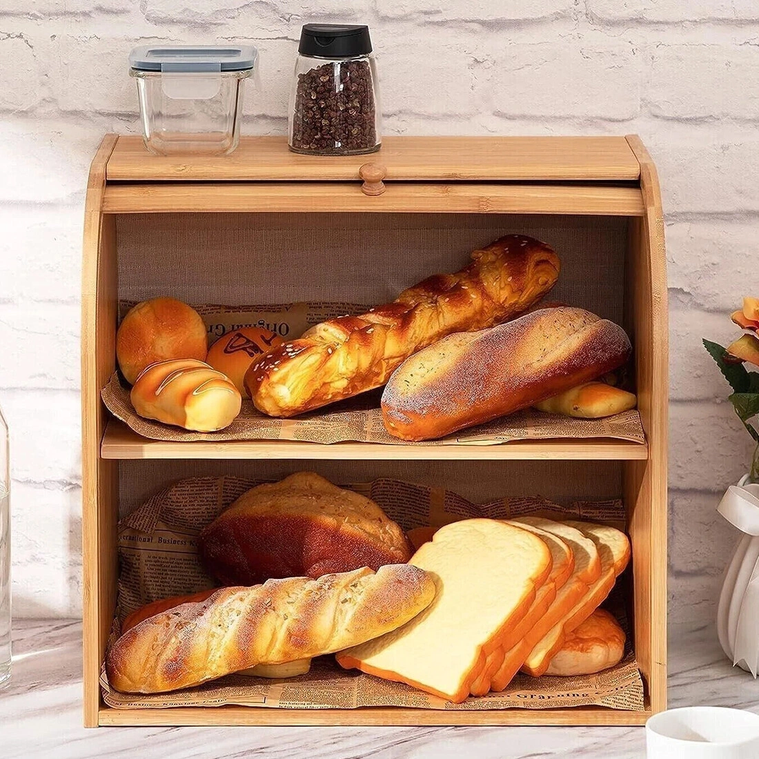 Bread Bin 2 Tier Double Layer Roll Top Food Storage Container Kitchen Organizer Rack Countertop