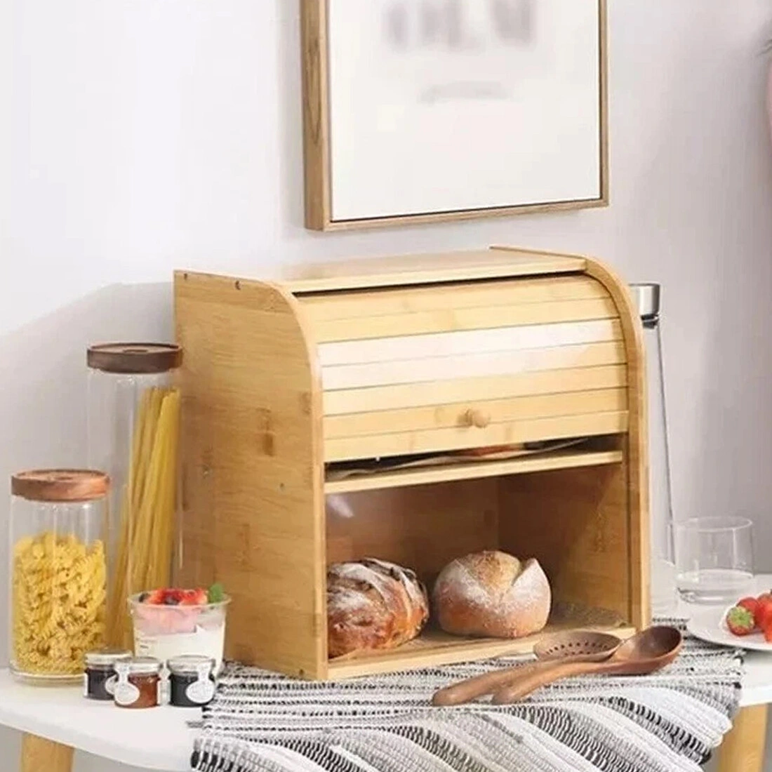 Bread Bin 2 Tier Double Layer Roll Top Food Storage Container Kitchen Organizer Rack Countertop view 4