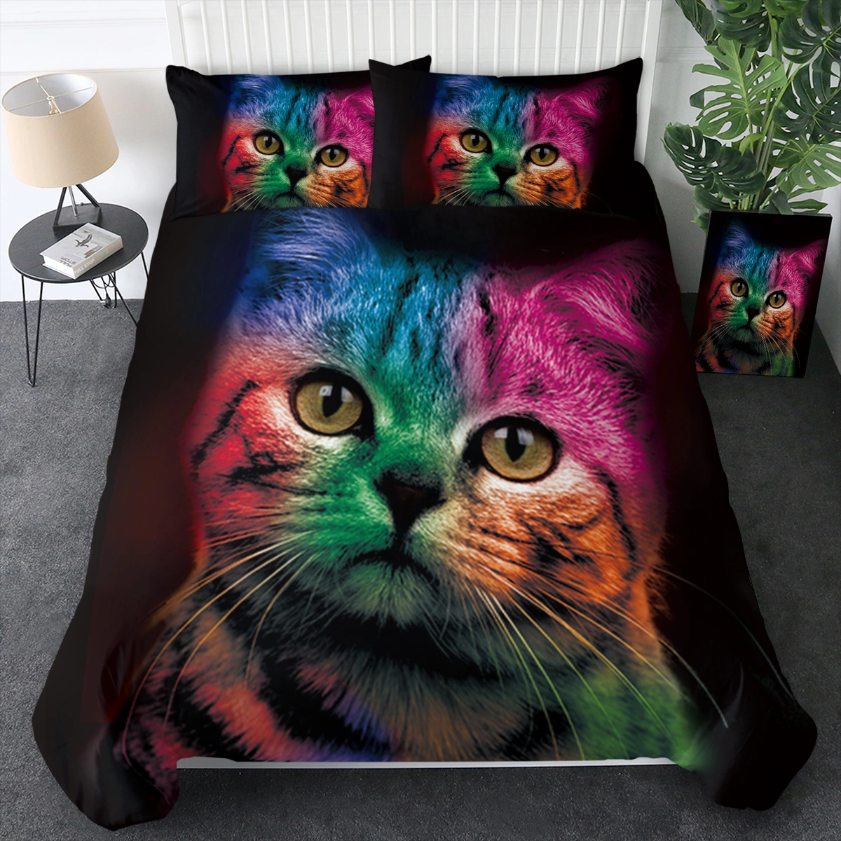 Bold Color Black Cat Pattern Duvet Cover Set 3 Piece Kids Quilt Cover Bedspread Double Bed Cute Colorful Animal Bedding Girls Boys
