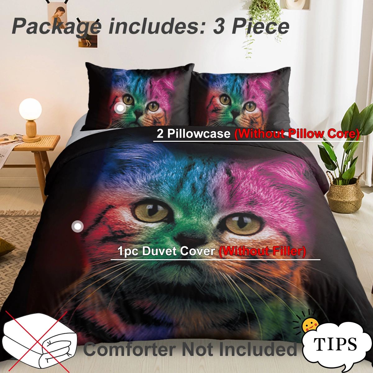 Bold Color Black Cat Pattern Duvet Cover Set 3 Piece Kids Quilt Cover Bedspread Double Bed Cute Colorful Animal Bedding Girls Boys view 3