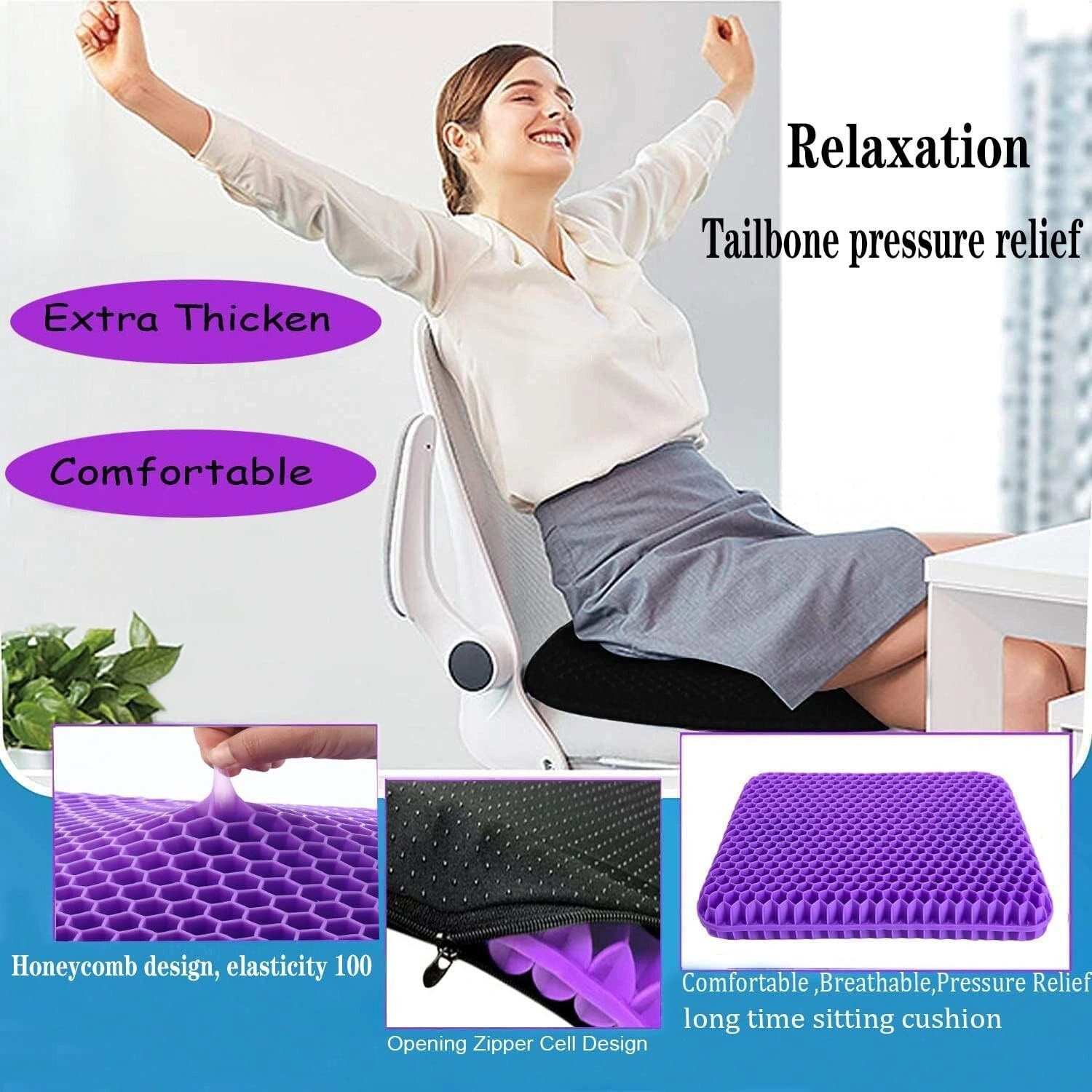 Extra Thick Orthopaedic Gel Seat Cushion for Long Sitting, Memory Foam Support Cushion for Office Desk & Car Chair