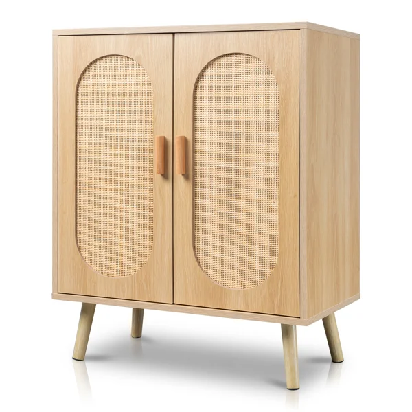 Modern Rattan Shoe Storage Cabinet with Double Doors and Adjustable Shelves, Accent Cabinet for Living Room, Bedroom, Hallway view 4