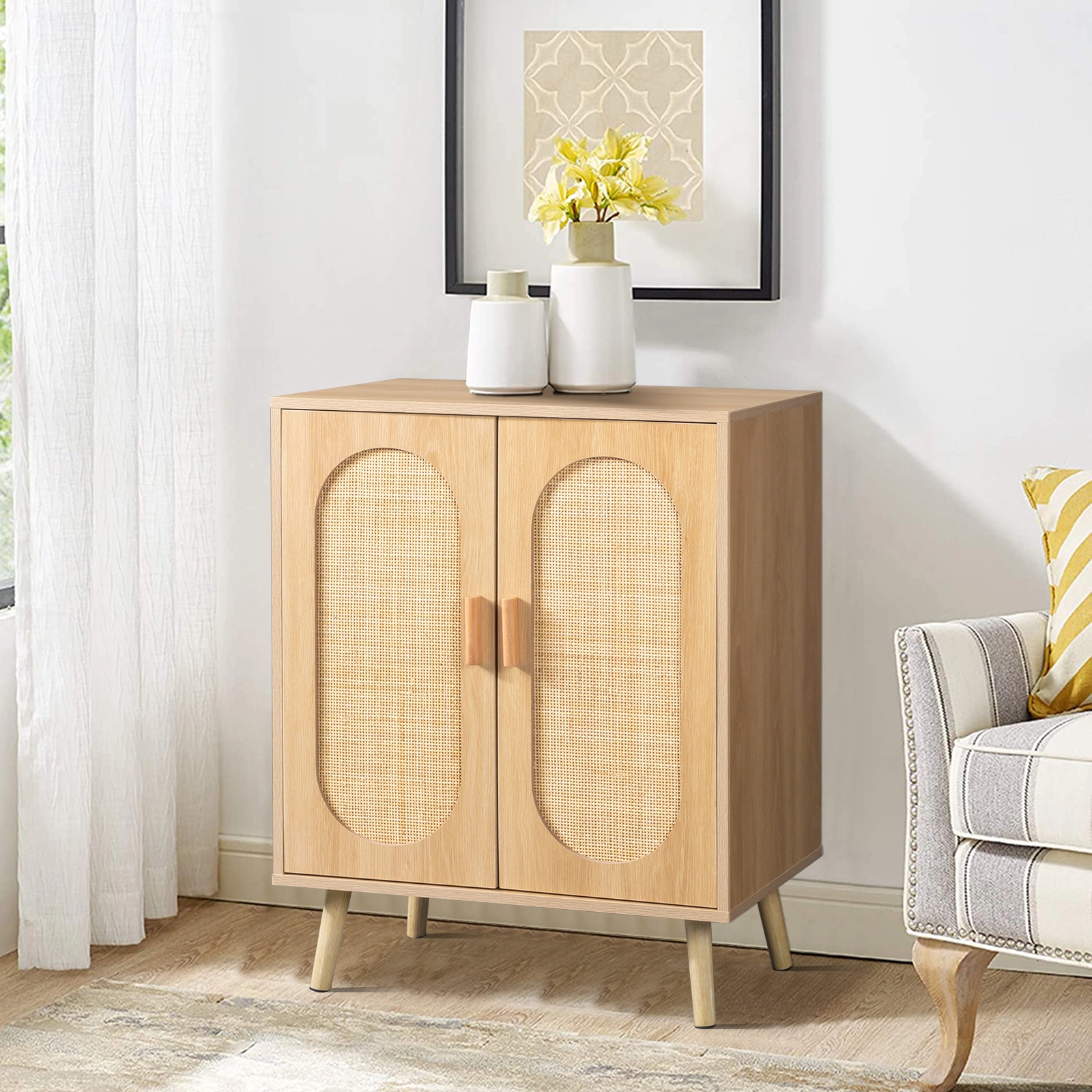 Modern Rattan Shoe Storage Cabinet with Double Doors and Adjustable Shelves, Accent Cabinet for Living Room, Bedroom, Hallway view 17