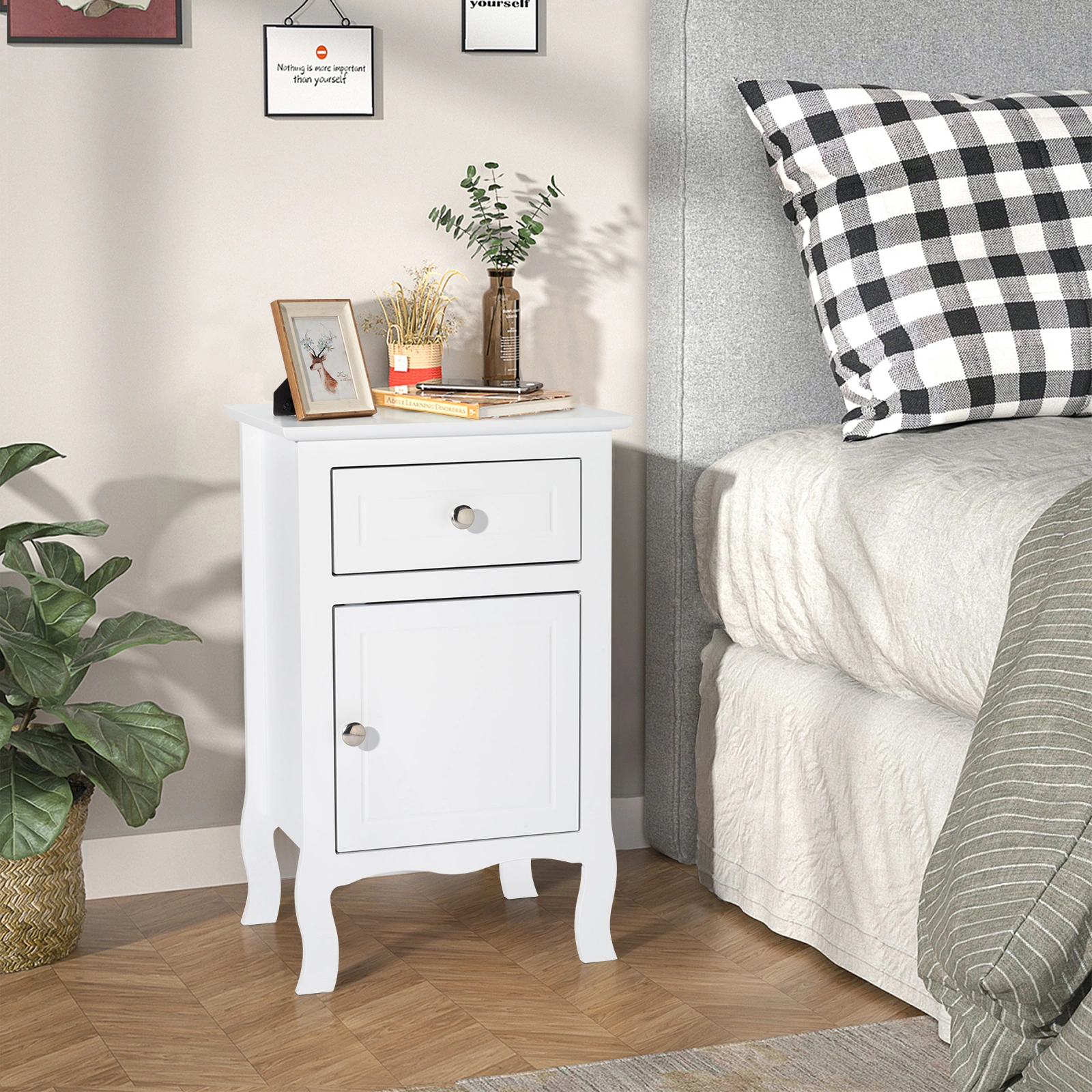 Country White Nightstand 40x30x63cm, MDF Curved Foot Bedside Table, 1 Drawer & 1 Door, Spray Paint Finish