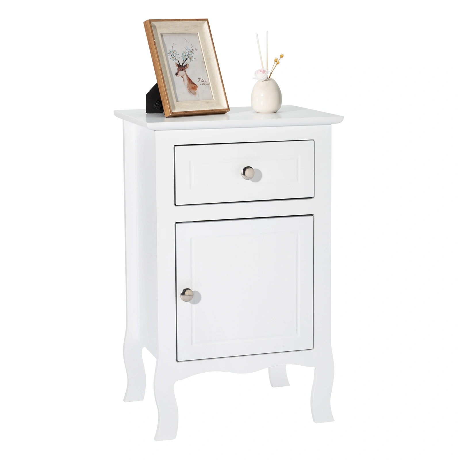 Country White Nightstand 40x30x63cm, MDF Curved Foot Bedside Table, 1 Drawer & 1 Door, Spray Paint Finish view 3
