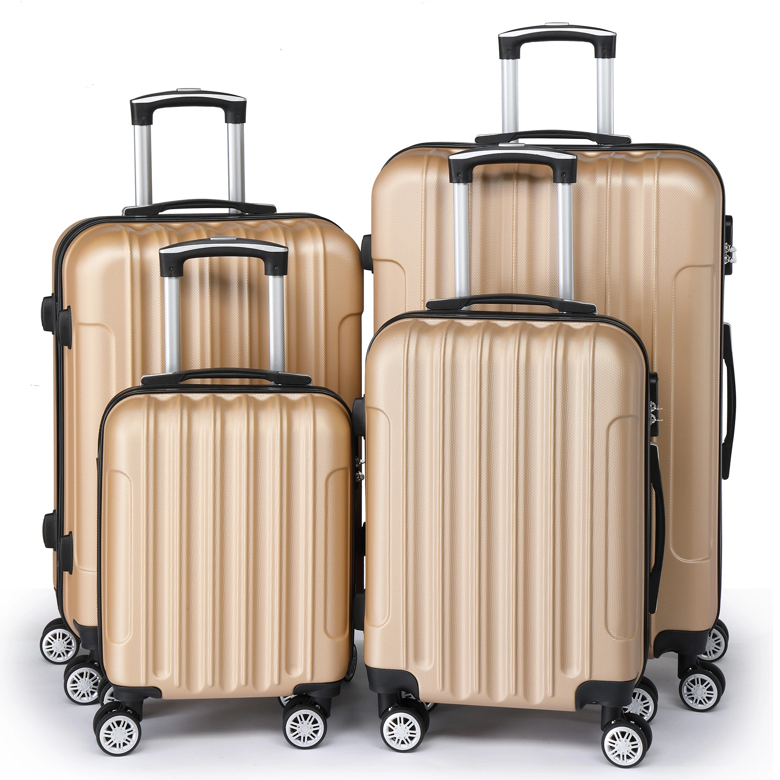 ABS 4-Piece Luggage Set with Vertical Stripe, 16/20/24/28in Suitcases, Steel Telescopic Handle, Champagne Gold