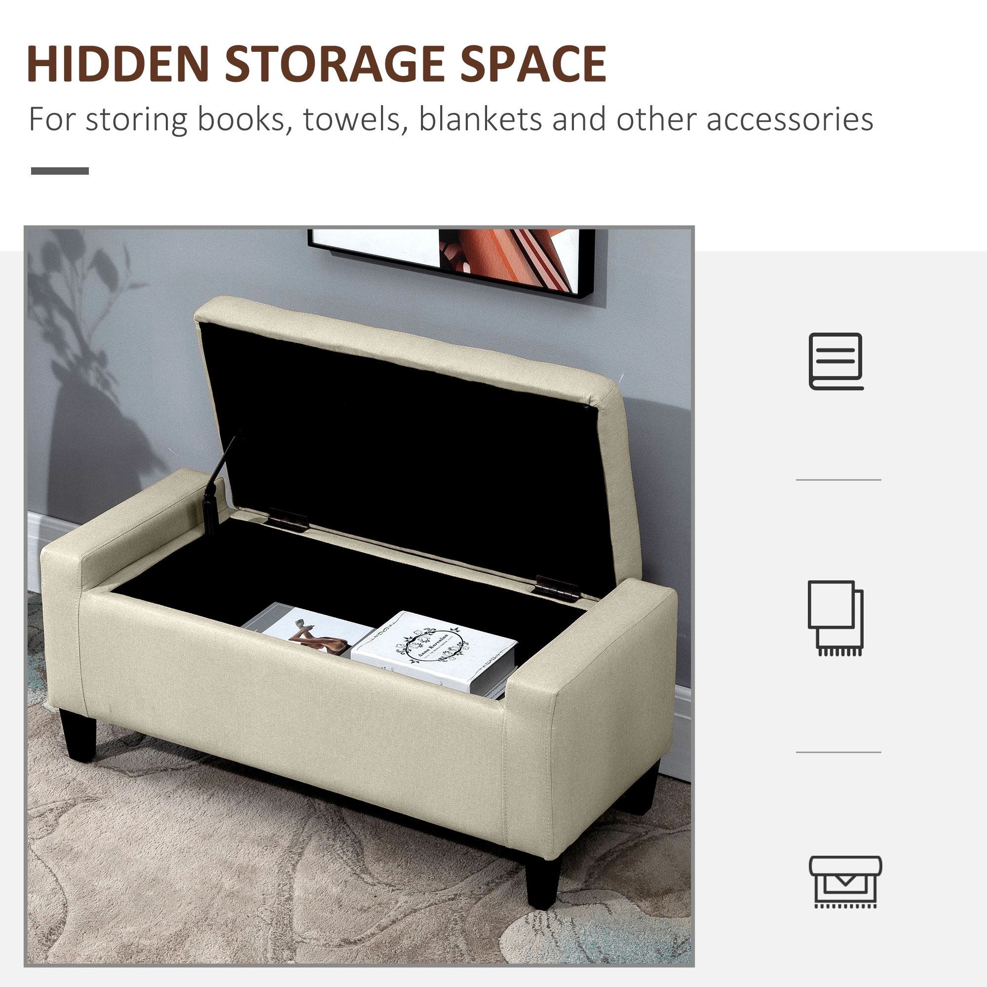 Storage Bench with Cushion Seat, Entryway Shoe Bench with Removable Lid, Fabric Upholstered Organizer view 3