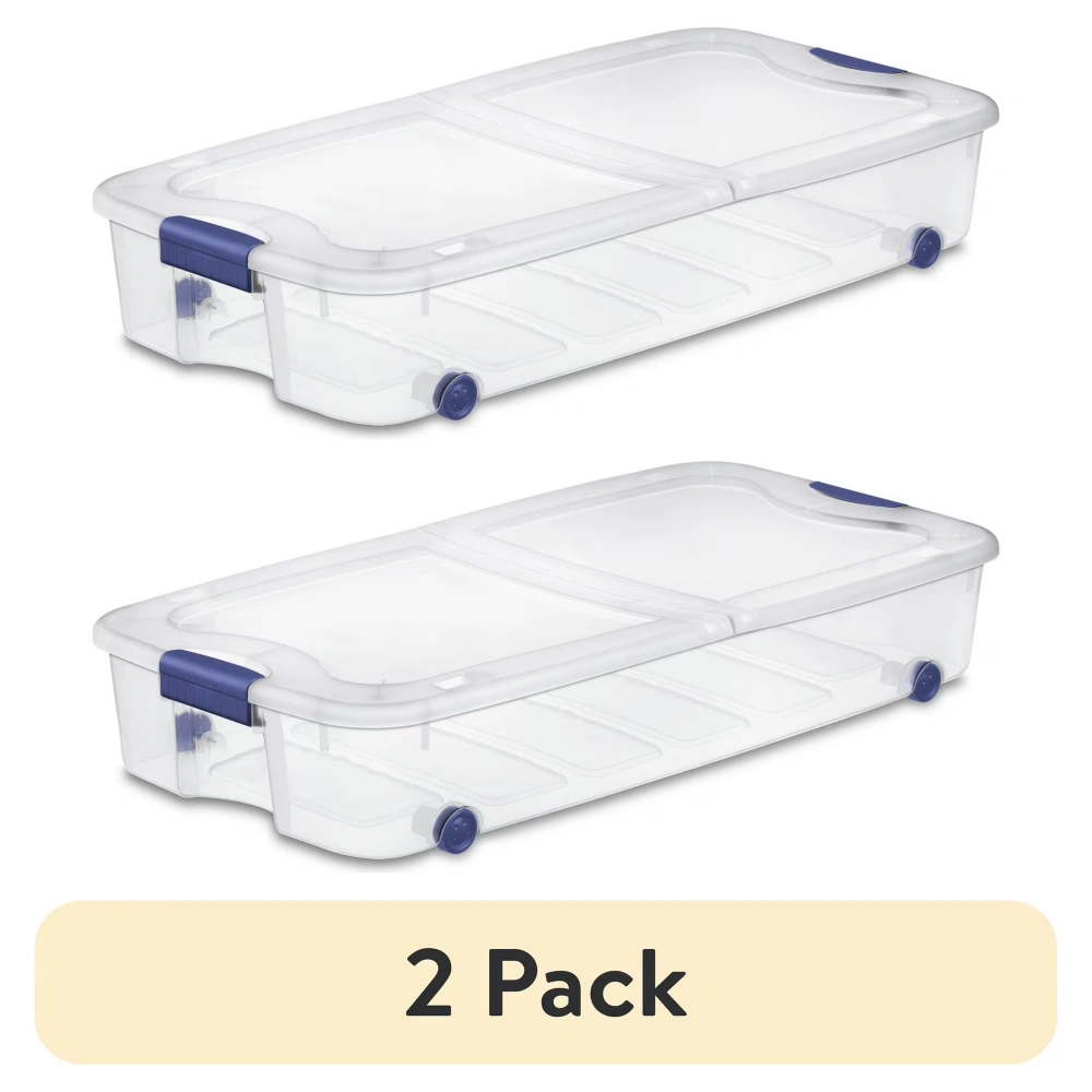 (2 pack)66 Quart Latching Underbed Wheeled Storage Bin, Clear Plastic Storage Container with Latch Lid, Blue