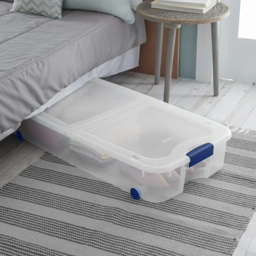 (2 pack)66 Quart Latching Underbed Wheeled Storage Bin, Clear Plastic Storage Container with Latch Lid, Blue view 6