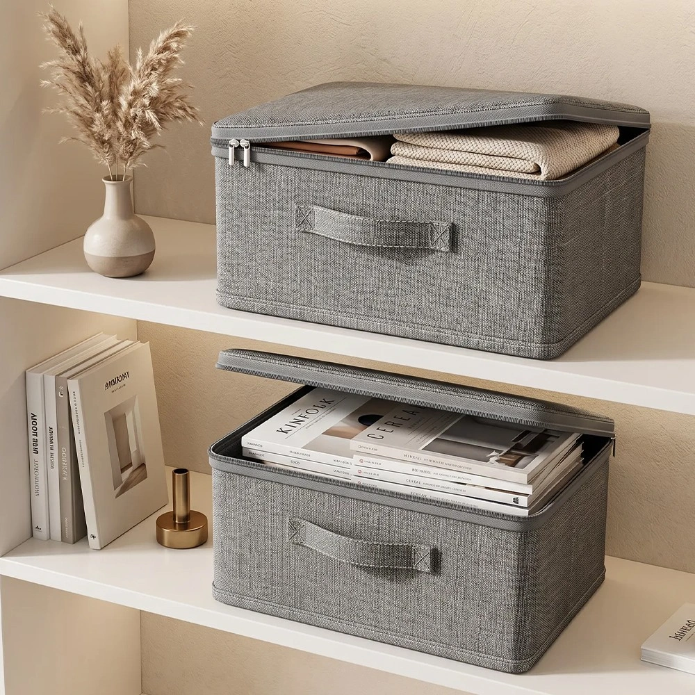 6 Pack Foldable Storage Boxes with Lid, Thick Fabric Wardrobe Organizer Bins Steel Frame view 2