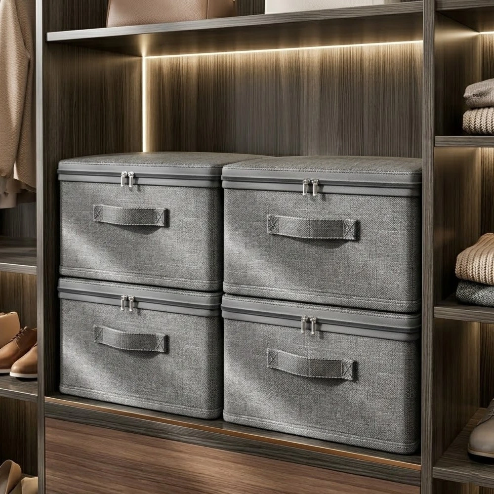 6 Pack Foldable Storage Boxes with Lid, Thick Fabric Wardrobe Organizer Bins Steel Frame view 3