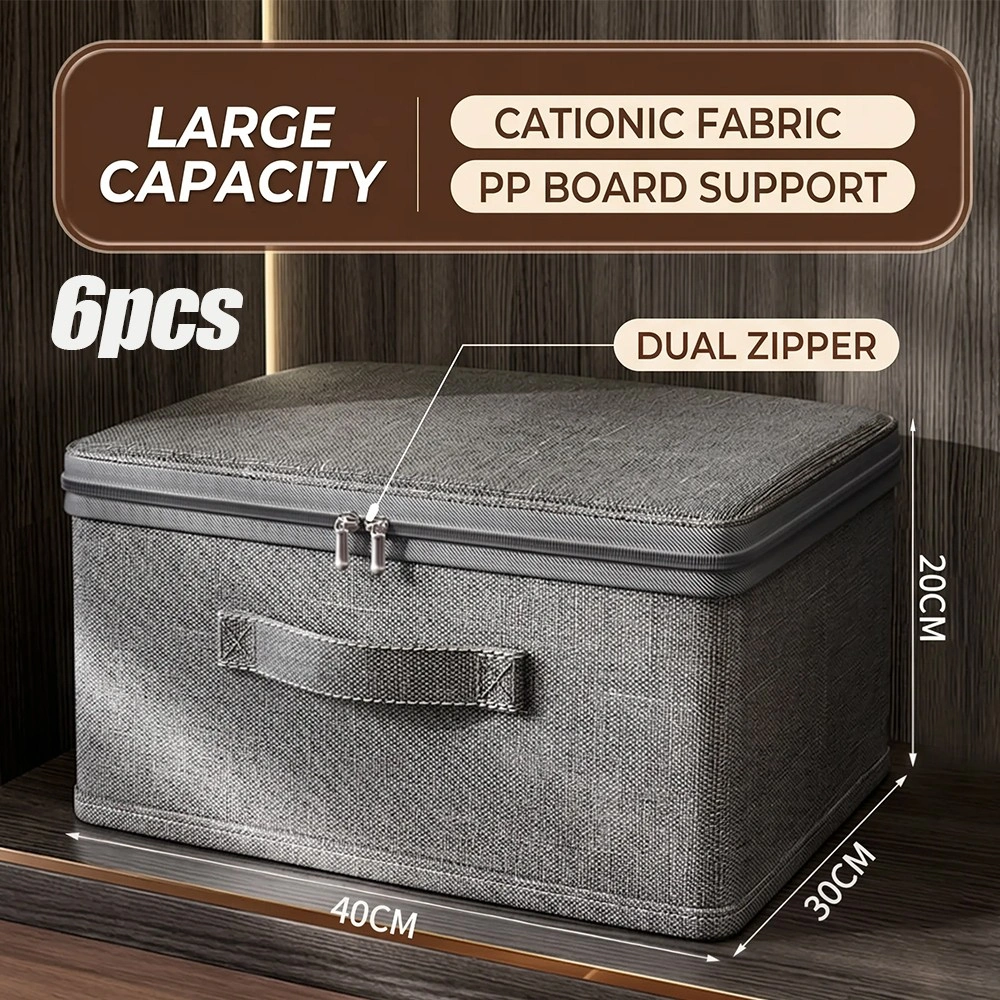 6 Pack Foldable Storage Boxes with Lid, Thick Fabric Wardrobe Organizer Bins Steel Frame view 5
