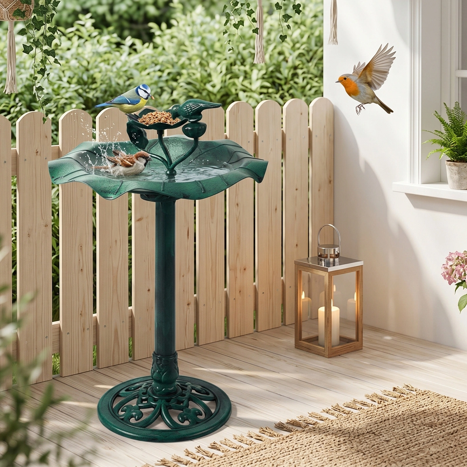50*50*86cm Dark Green Resin Bird Bath With Lotus Edge & Feeder Tray view 11