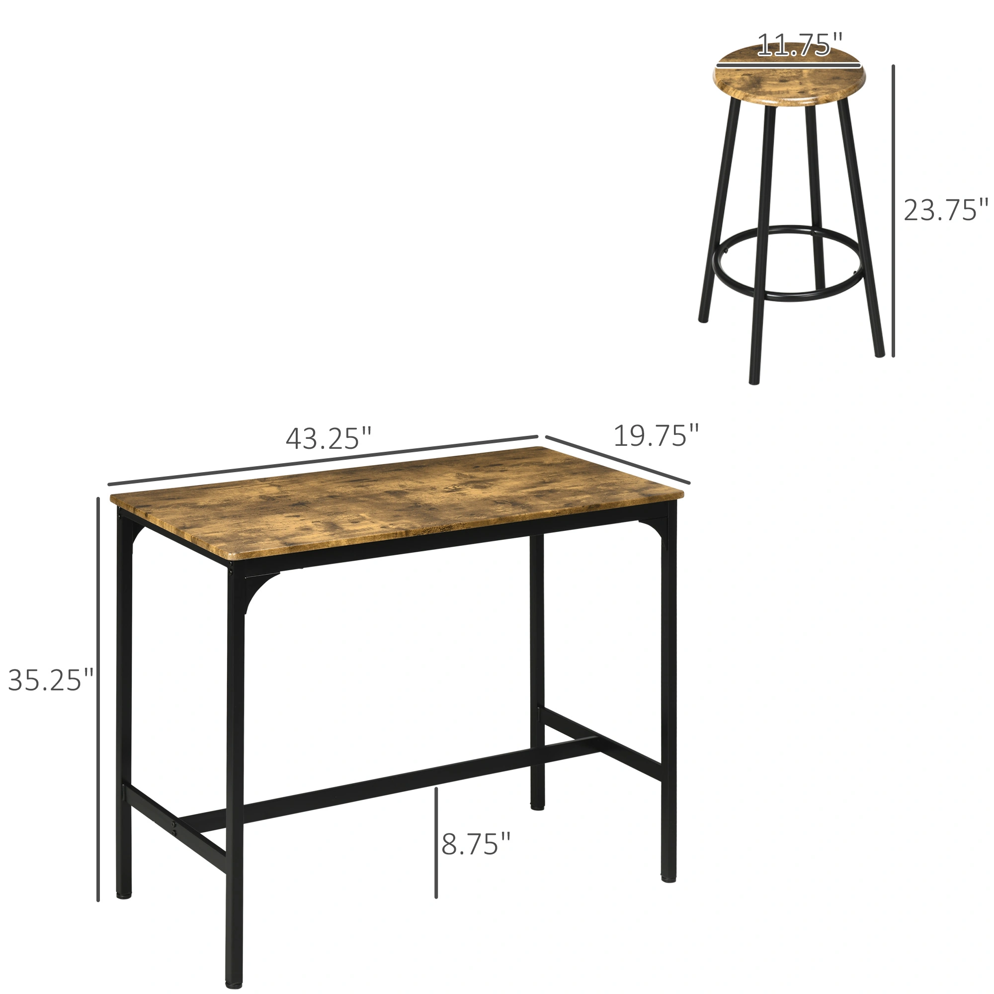 Industrial Pub Table and Chairs 3 Piece Set, 30" High Top Counter Height Table with 2 Stools, Metal Frame, Compact Dining Table for Kitchen Cafe Bar view 2