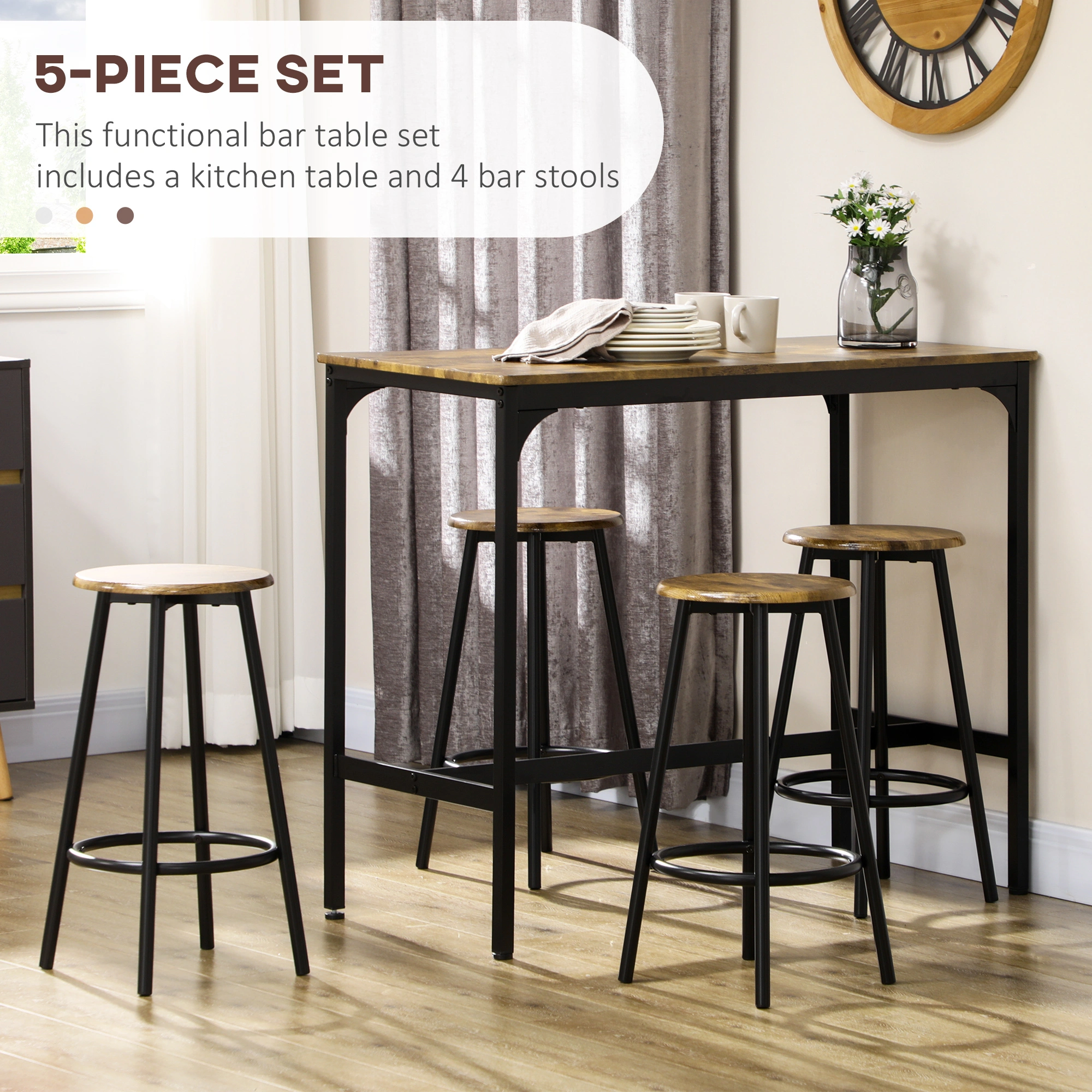 Industrial Pub Table and Chairs 3 Piece Set, 30" High Top Counter Height Table with 2 Stools, Metal Frame, Compact Dining Table for Kitchen Cafe Bar view 3