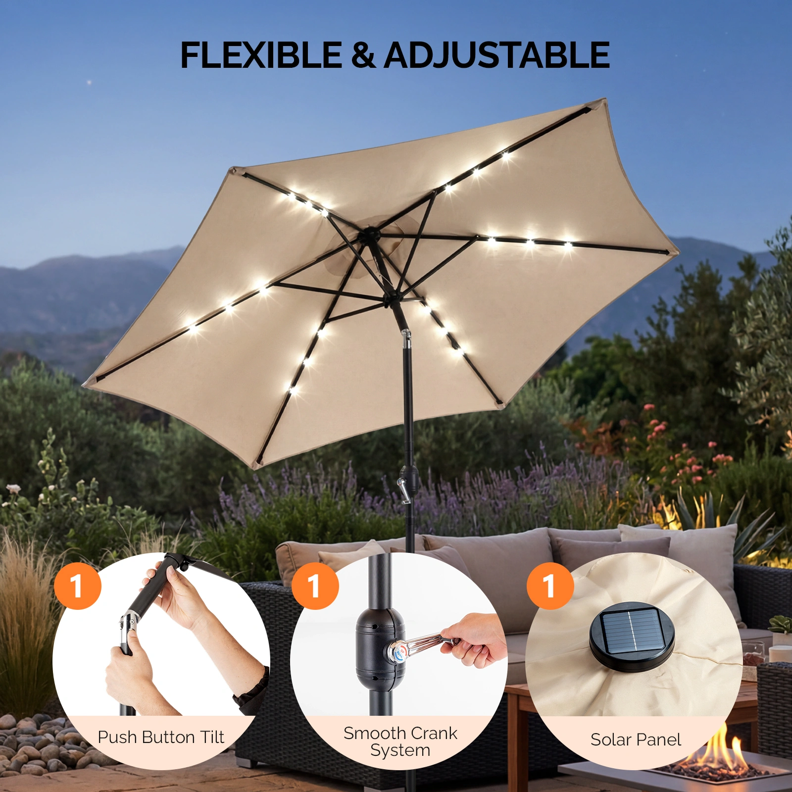 9ft Solar Patio Umbrella with LED Lights, Outdoor Market Table Umbrella with Push Button Tilt & Crank, 6 Ribs Waterproof Polyester Deck Umbrella for Garden, Backyard, Pool, Beige view 7