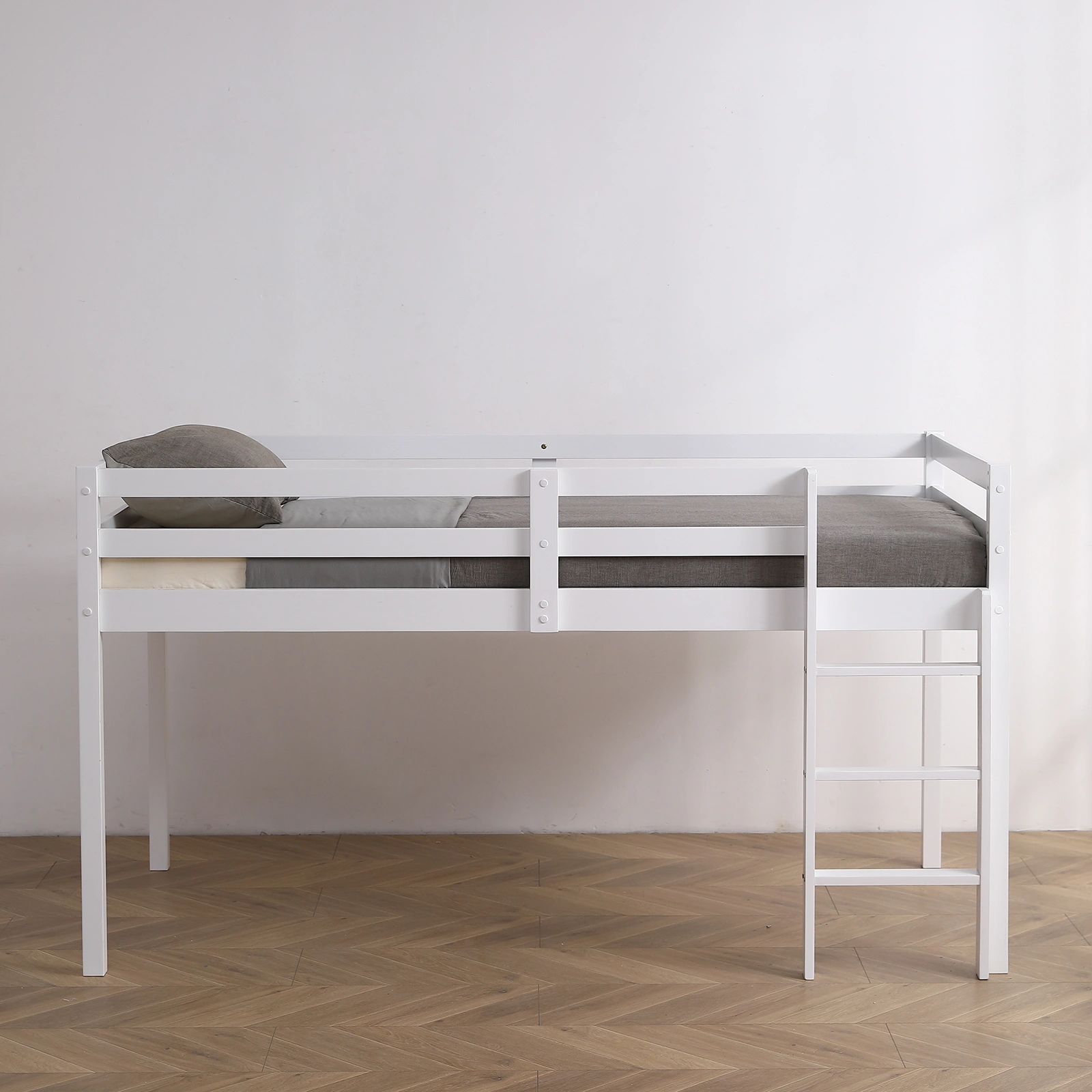 Elevated Cross Bracing Straight Ladder Twin Pine Wooden Bed White view 17