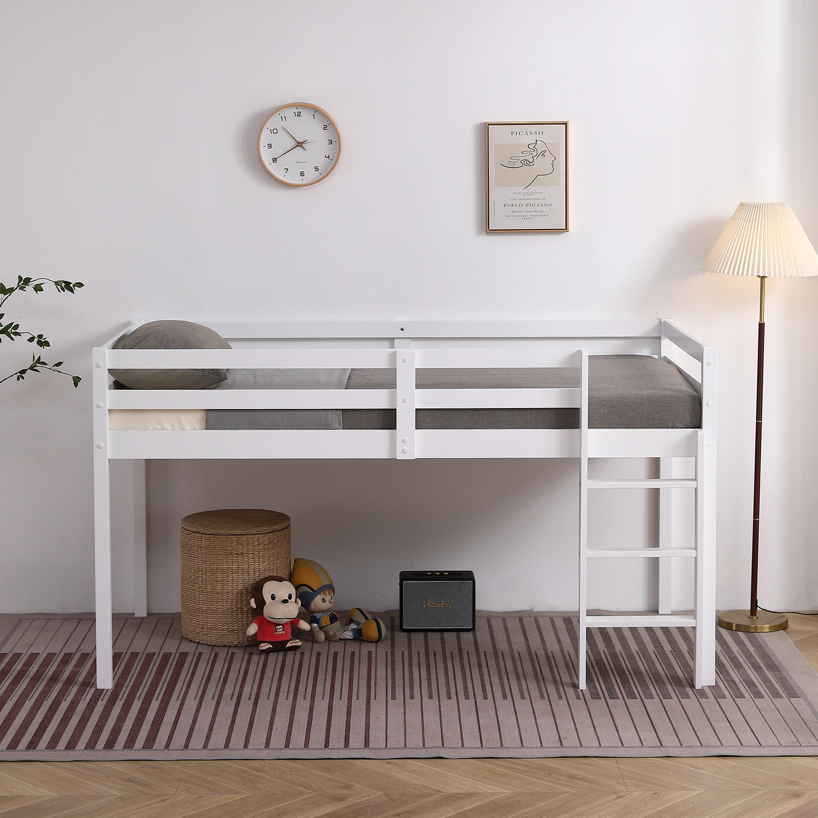 Elevated Cross Bracing Straight Ladder Twin Pine Wooden Bed White view 20