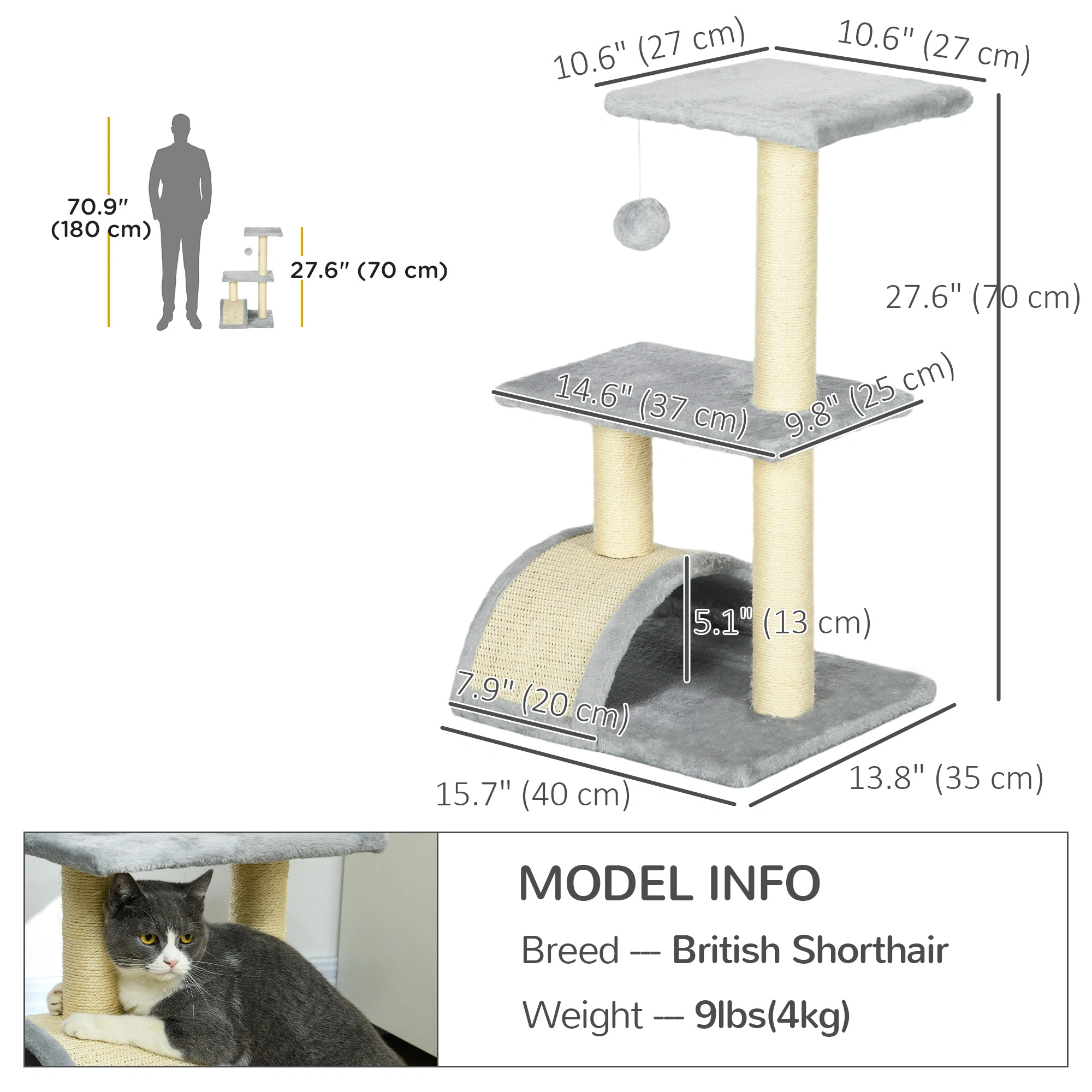 72" Tall Cat Tree Tower with Multiple Platforms, Cozy Condo House & Hanging Ball for Indoor Cats view 3