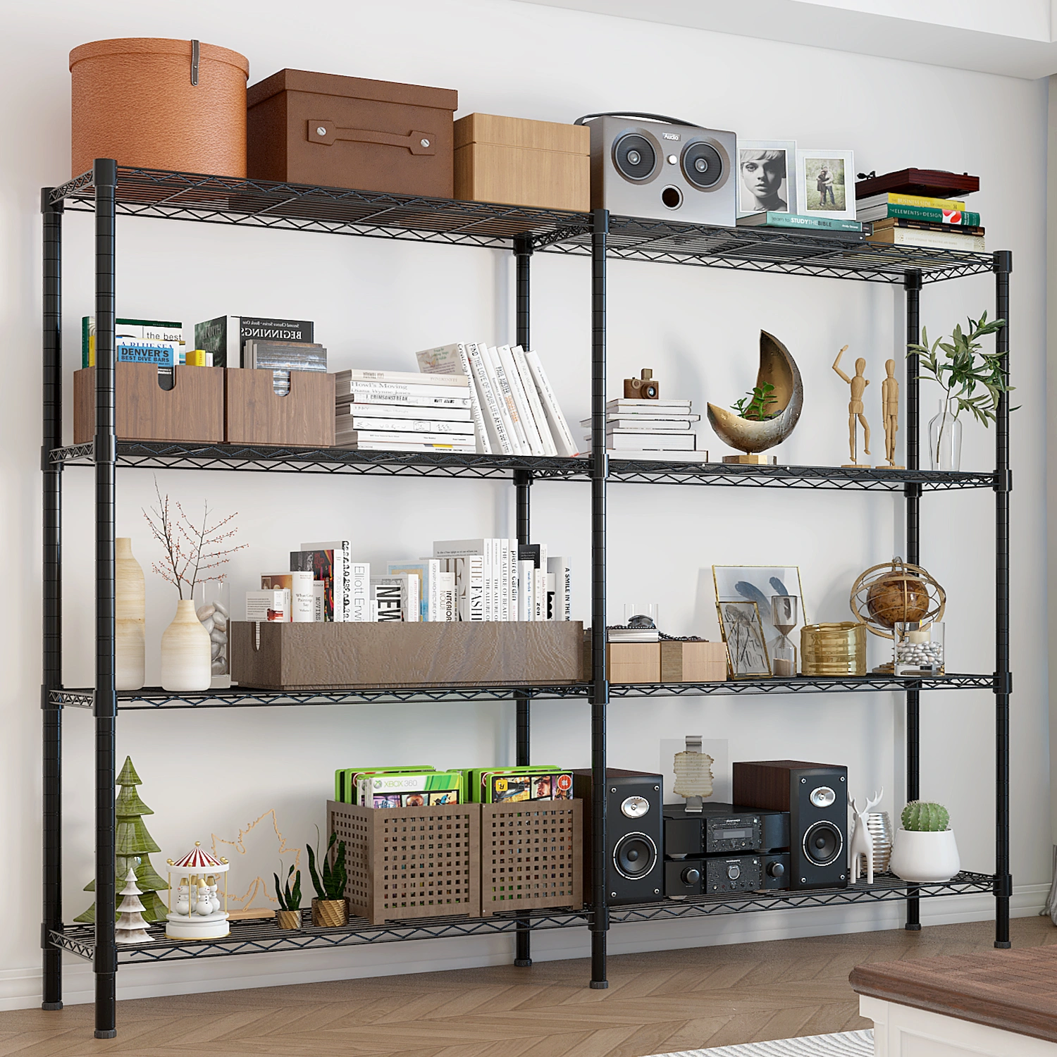 Commercial 4-Tier Display Rack, Double Row Adjustable Layer Spacing, Iron Powder Coated Black, 147x35x150cm w/ Adjustable Feet