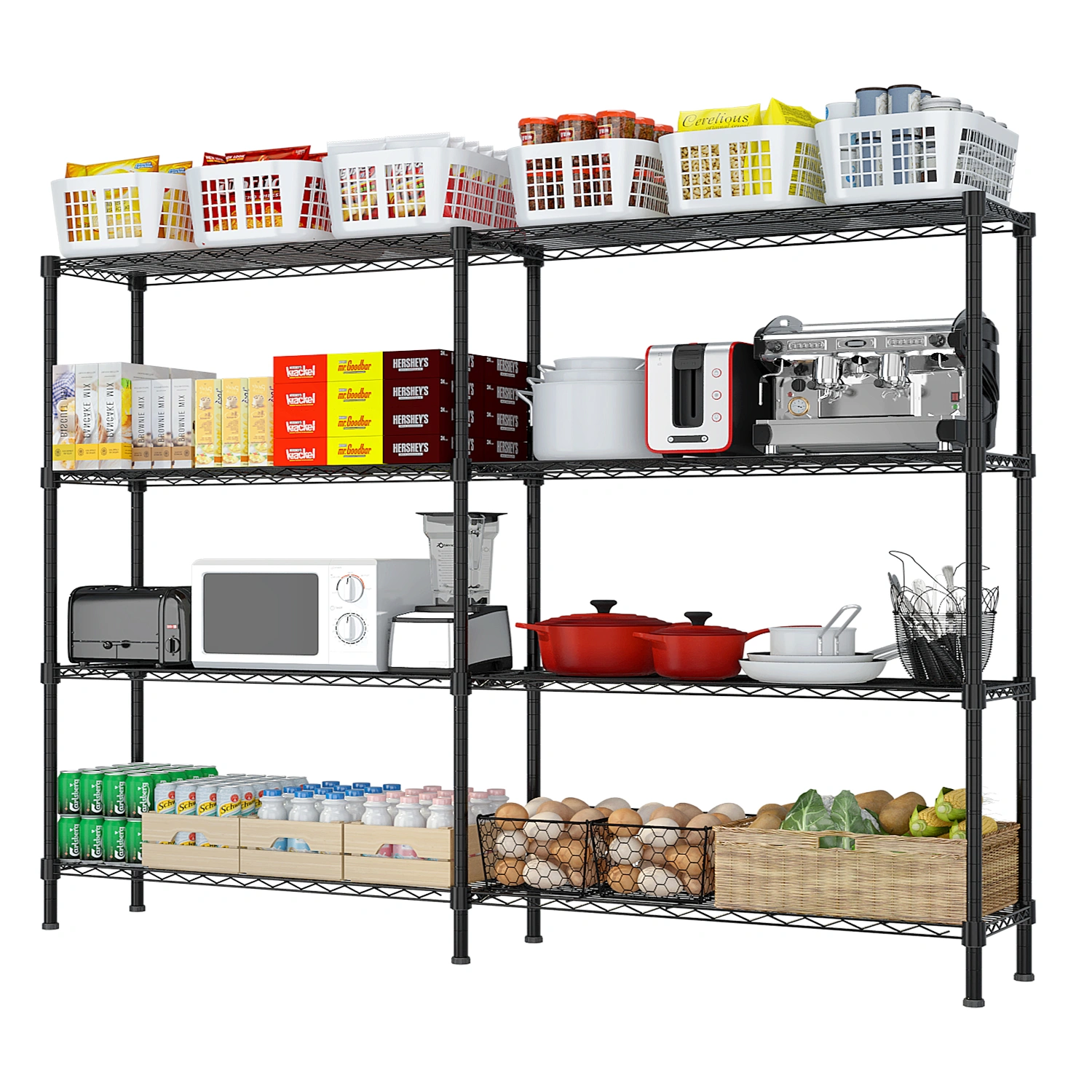 Commercial 4-Tier Display Rack, Double Row Adjustable Layer Spacing, Iron Powder Coated Black, 147x35x150cm w/ Adjustable Feet view 4