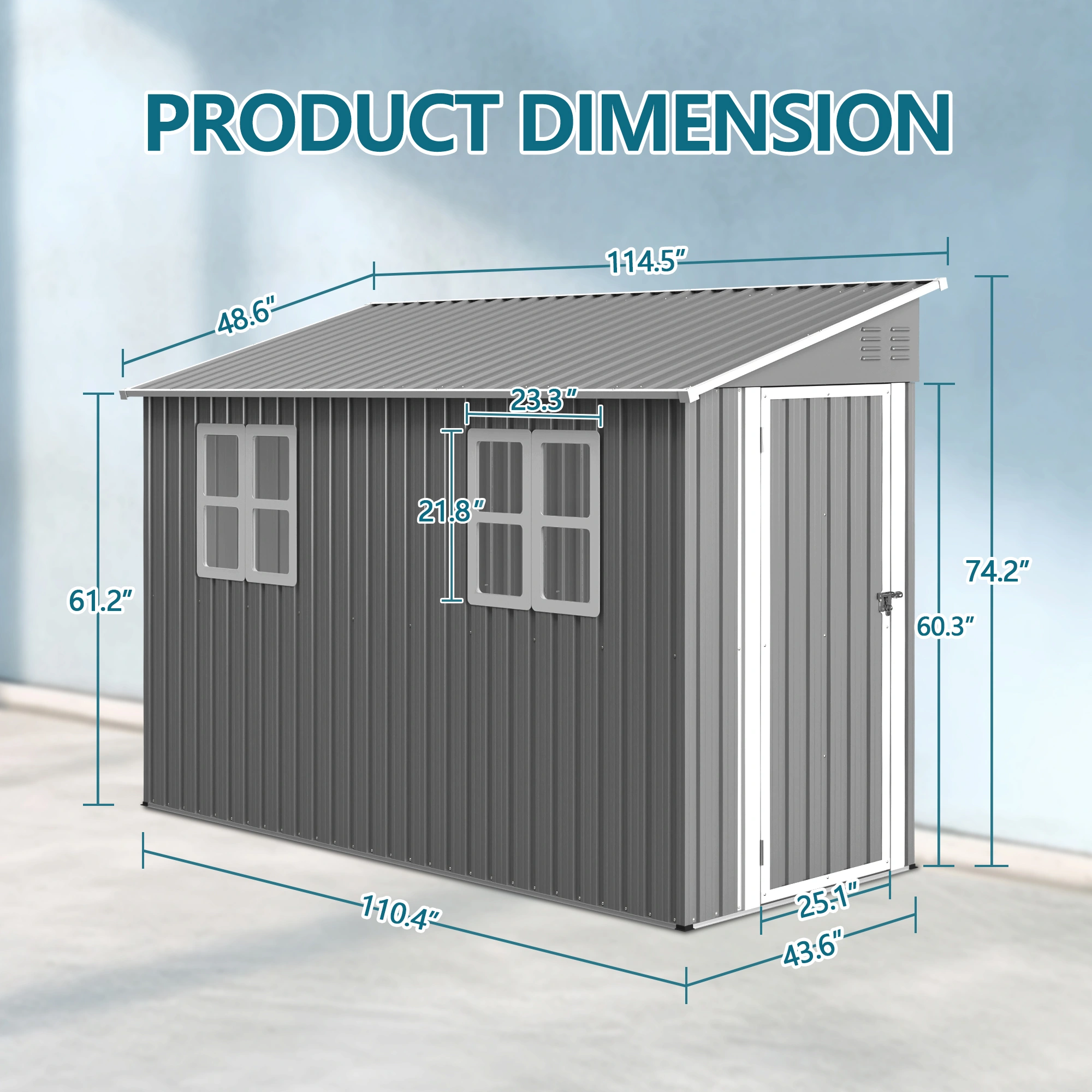 4'x10' Metal Storage Shed with Floor Kit, Heavy Duty Lean-To Steel Shed, 2 Windows & Reversible Door for Garden Tools Bikes, Grey view 2