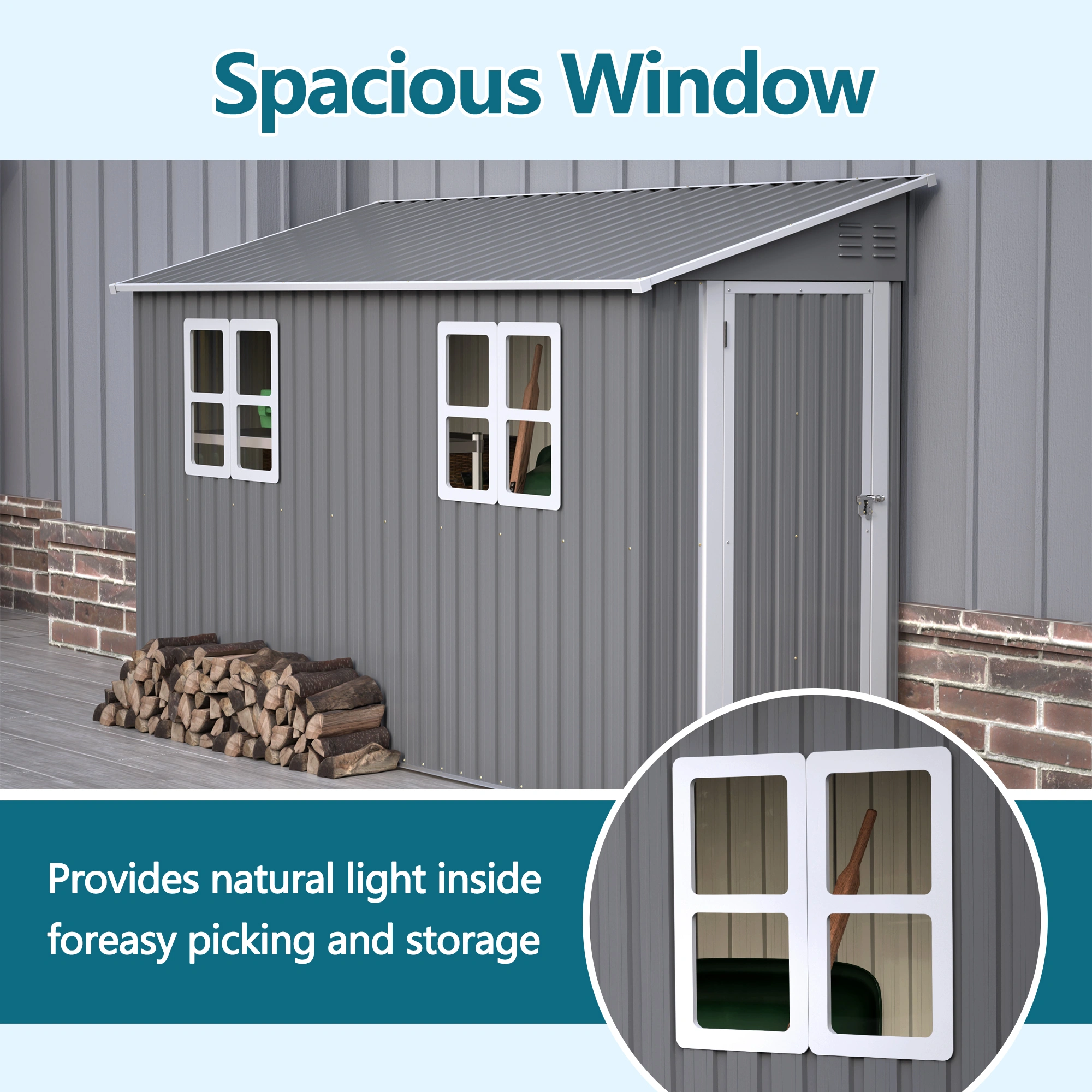 4'x10' Metal Storage Shed with Floor Kit, Heavy Duty Lean-To Steel Shed, 2 Windows & Reversible Door for Garden Tools Bikes, Grey view 4