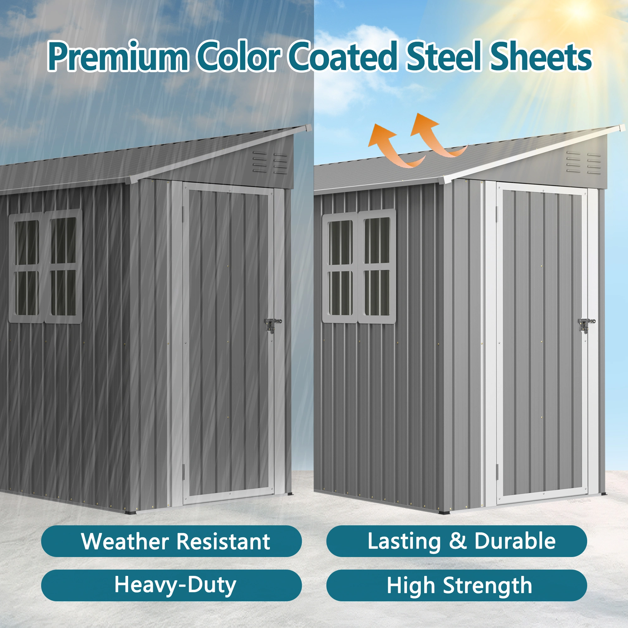4'x10' Metal Storage Shed with Floor Kit, Heavy Duty Lean-To Steel Shed, 2 Windows & Reversible Door for Garden Tools Bikes, Grey view 5